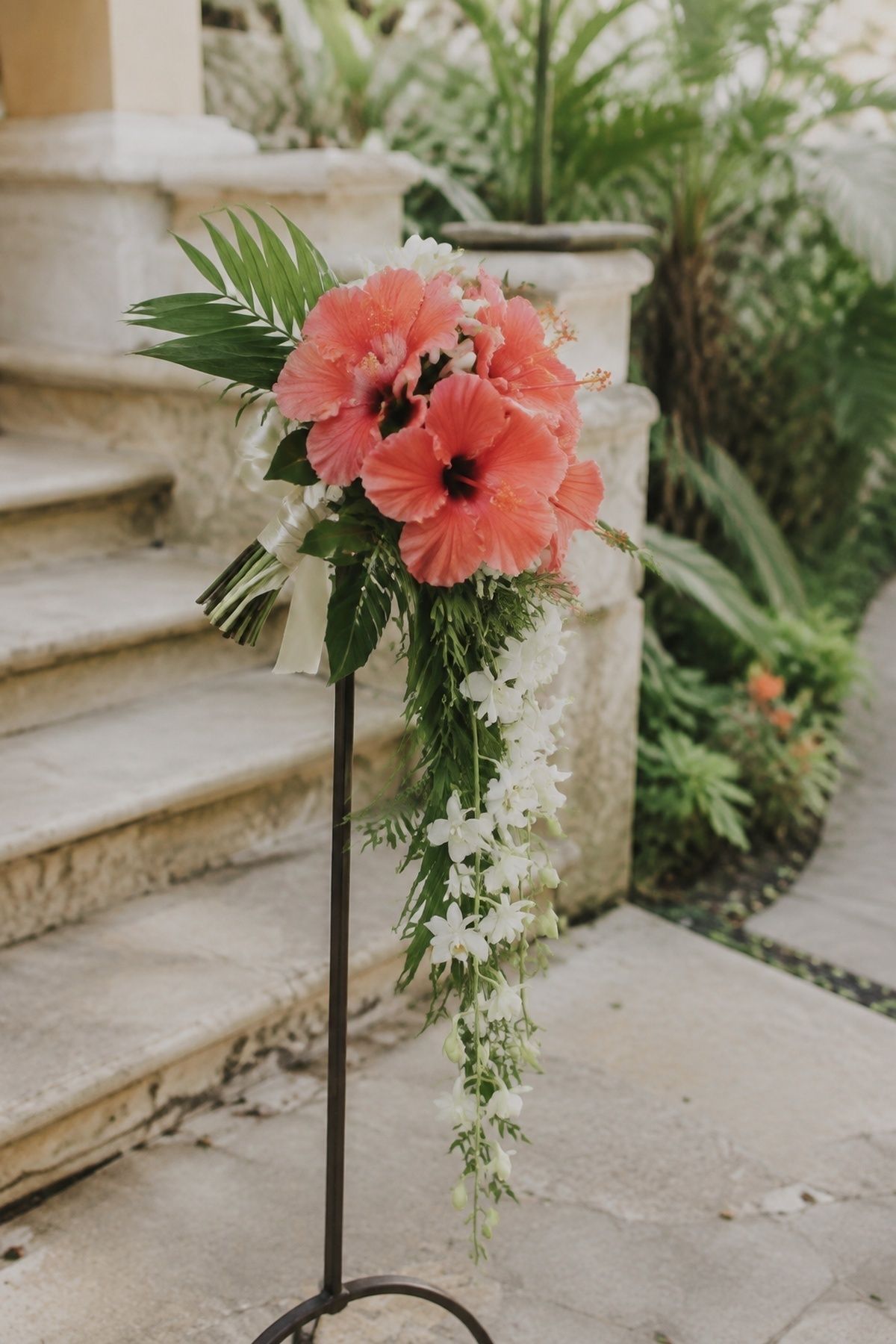 Cascading tropical hibiscus bouquet