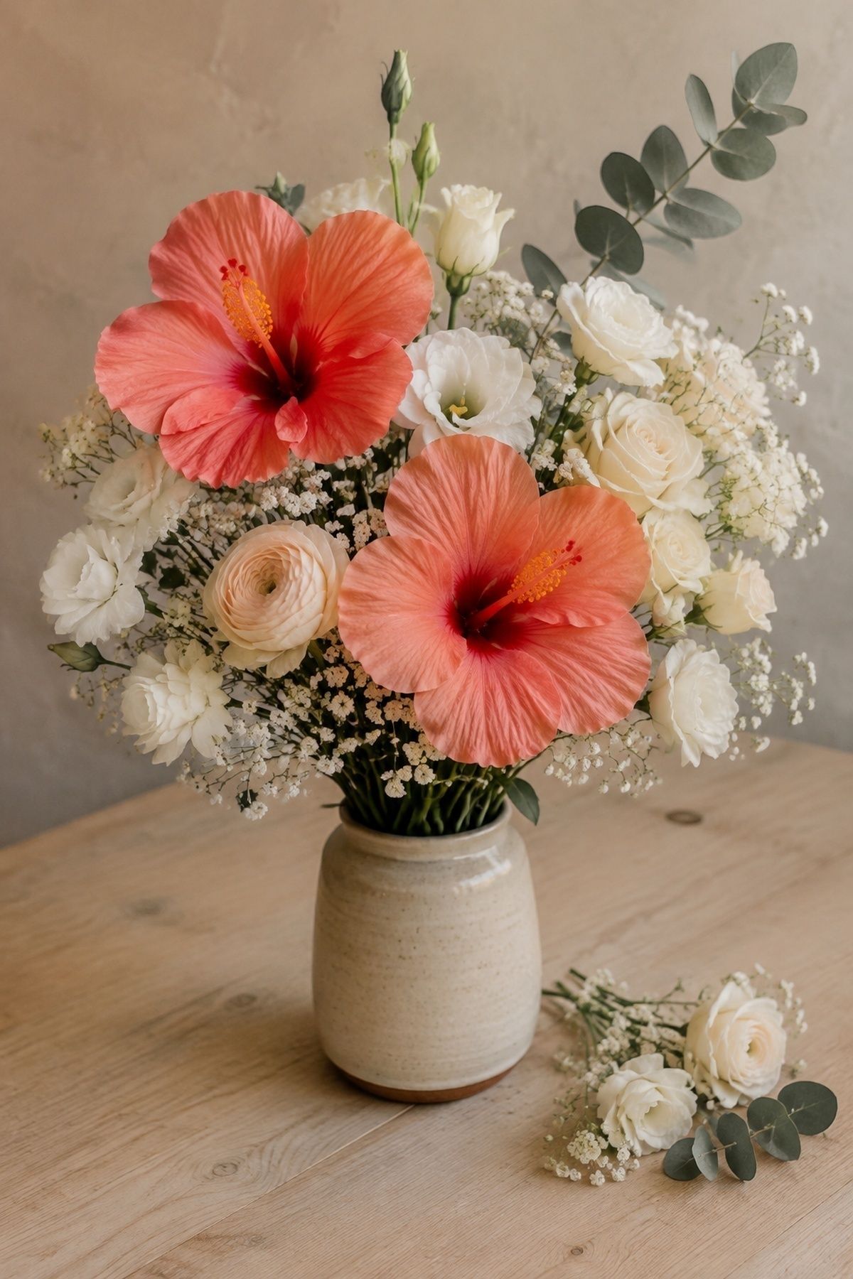 Large hibiscus blooms balanced with softer flowers