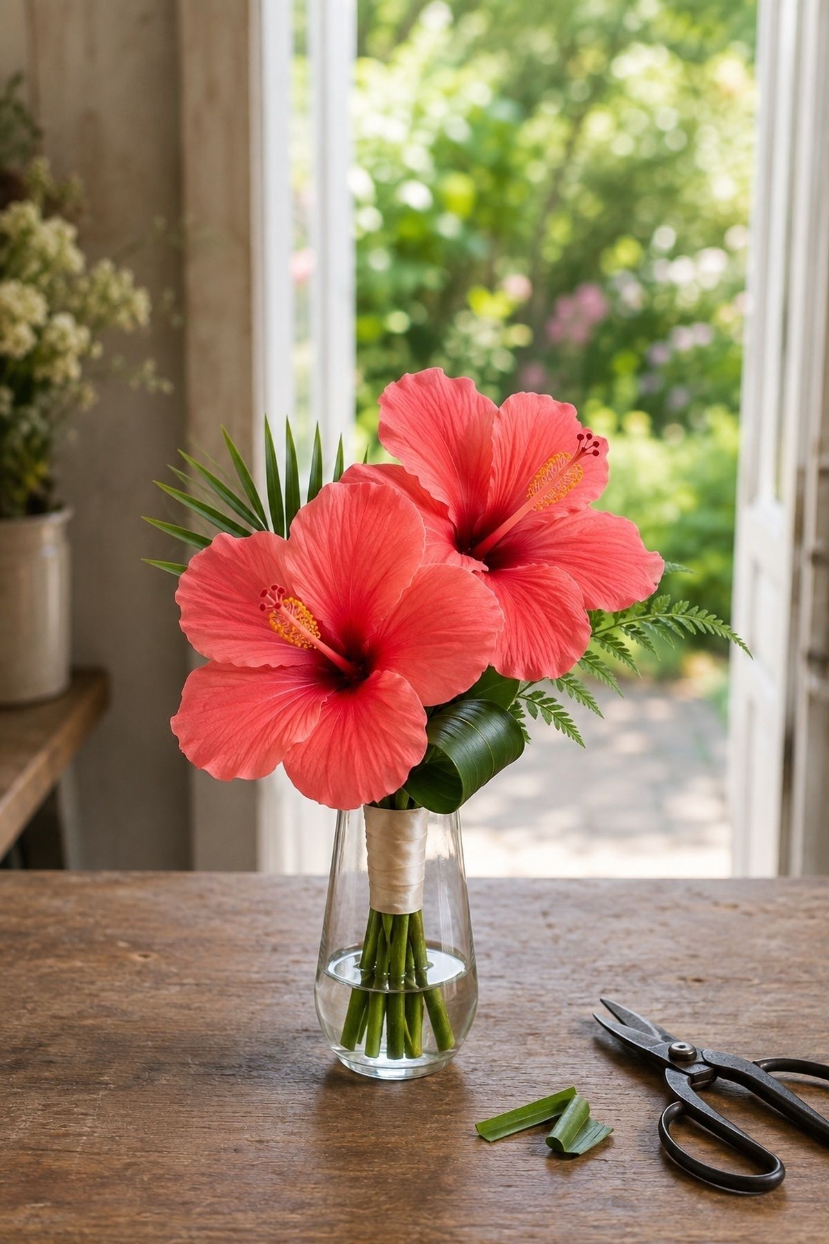 Hibiscus bouquet with tropical leaves kept in check