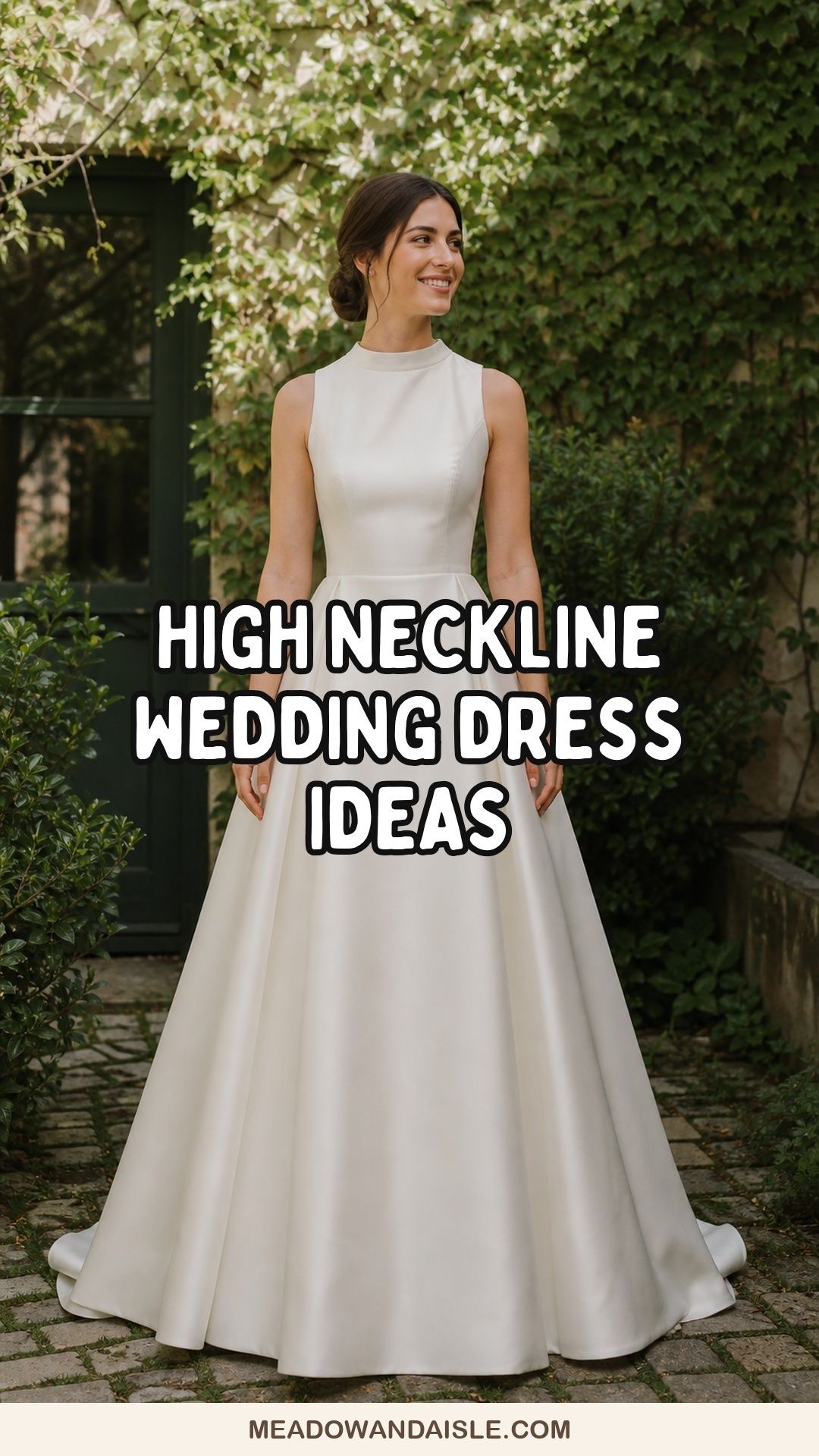 High neckline wedding dress ideas with an ivory satin bridal gown