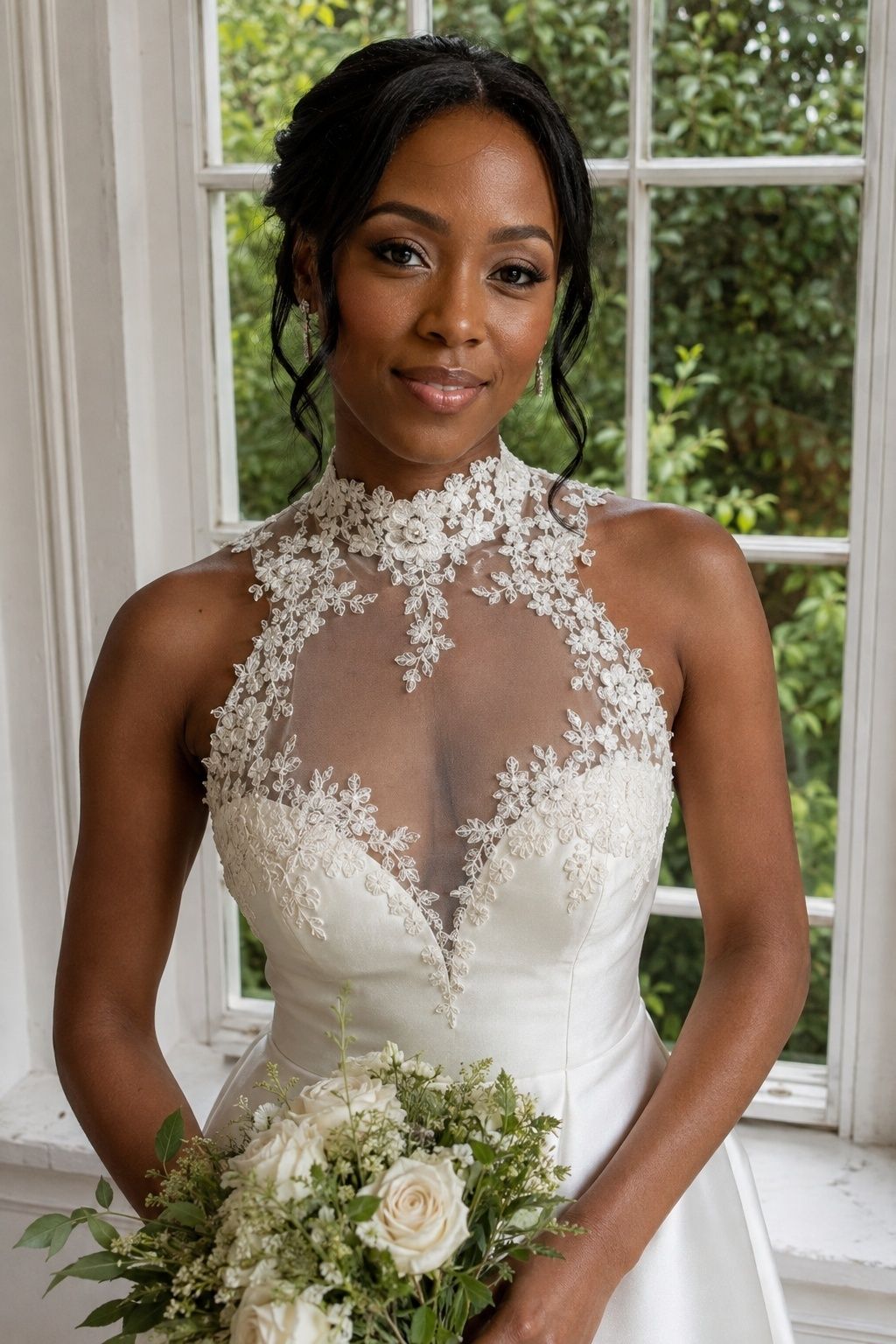Waist-up frontal portrait of an adult Black bride in skin-matched sheer illusion high neck bodice with delicate ivory floral lace at collar and shoulders