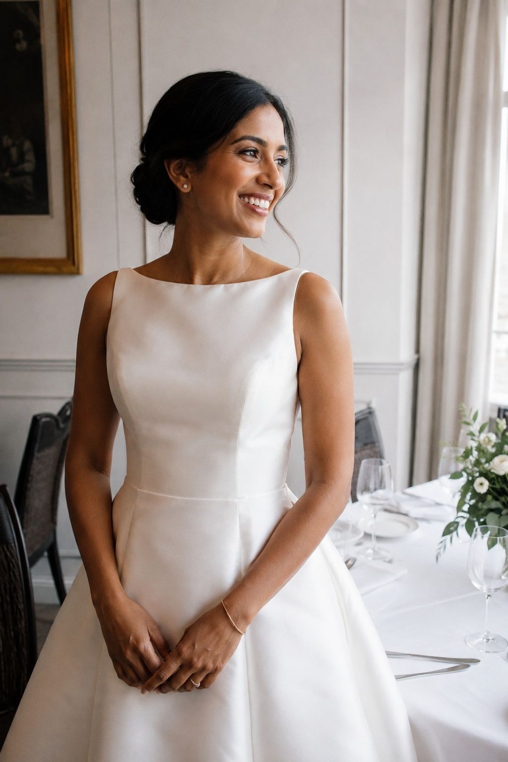 Three-quarter front waist-up adult bride with warm brown skin in ivory A-line wedding gown with broad shallow bateau high neckline spanning collarbones