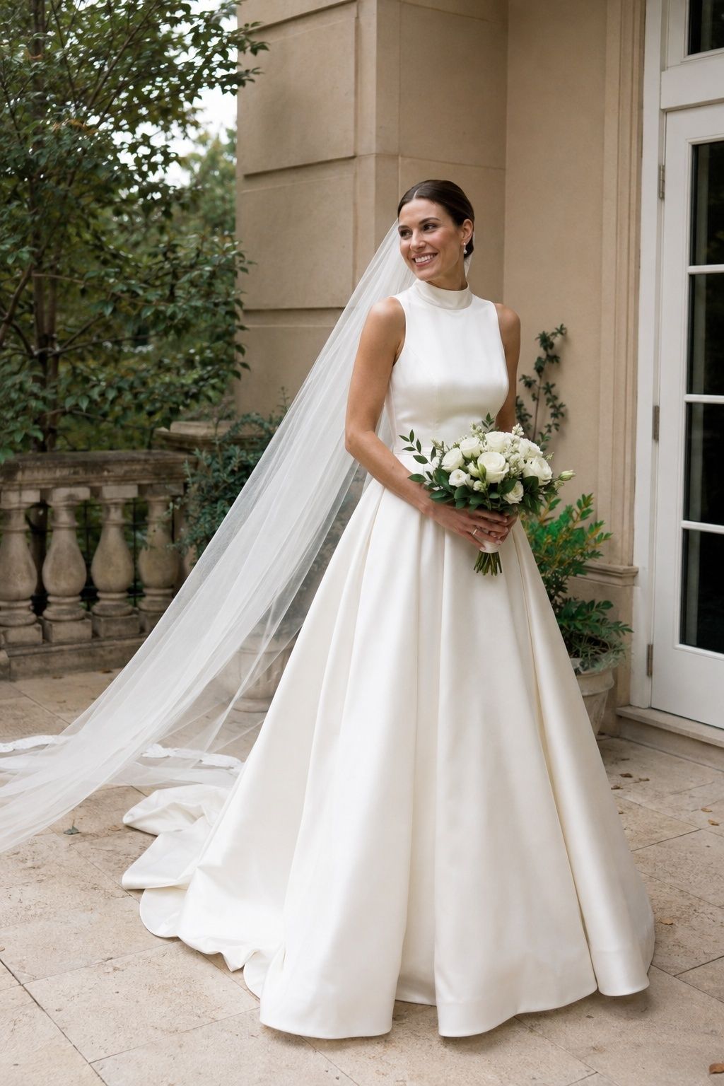Full-length adult bride in smooth ivory satin high neck ball gown with clean waist and soft naturally moving full skirt