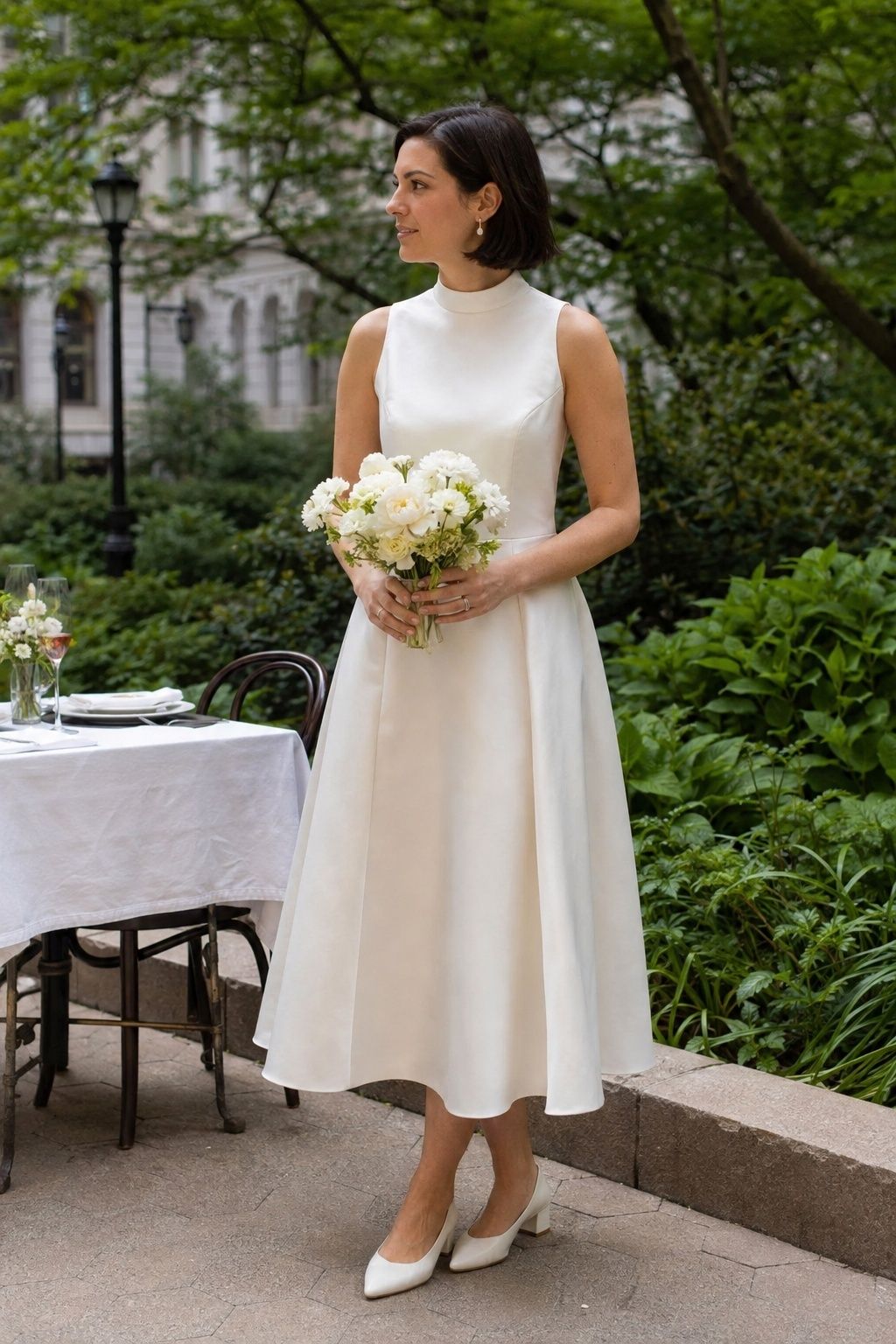 Full length adult bride with short dark bob in dainty ivory mikado high collar tea-length dress ending mid calf