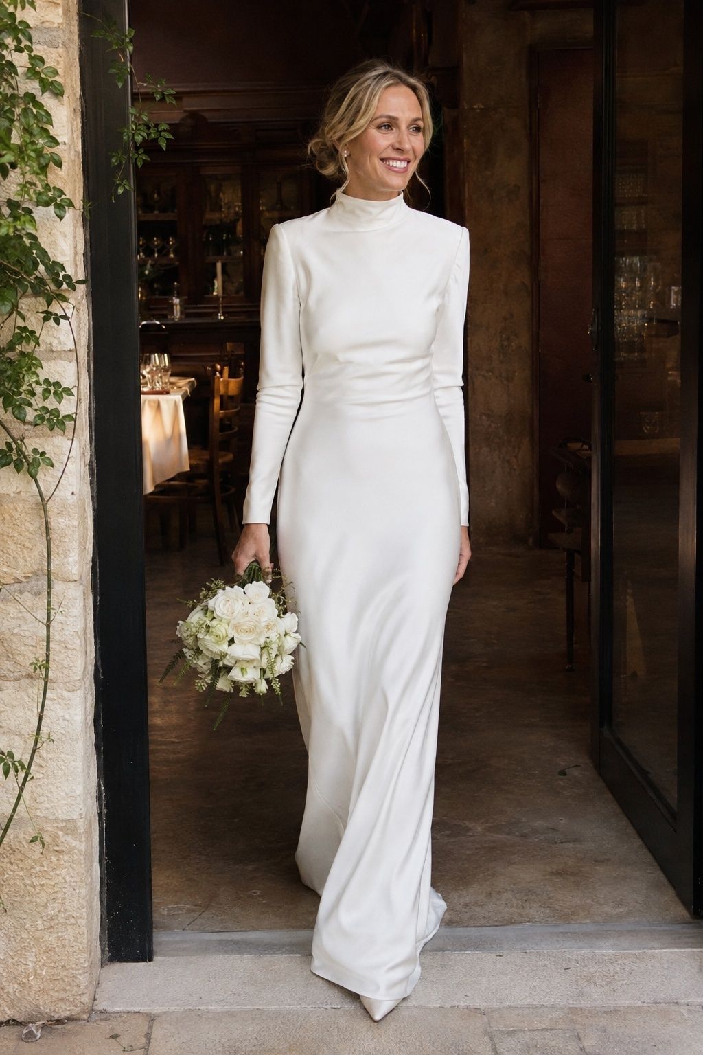 Full-length adult blonde bride in 1990s style matte ivory satin high mock neck narrow column bridal gown with clean long sleeves