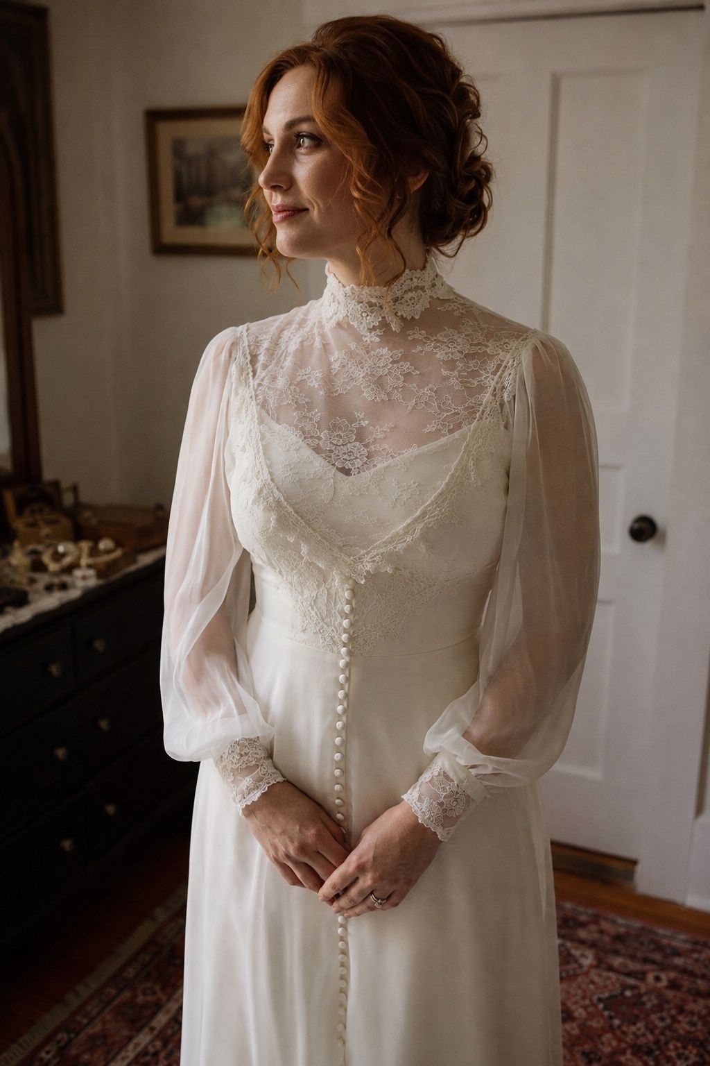 Knee-up adult bride with wavy auburn updo in vintage ivory high lace collar gown with covered buttons