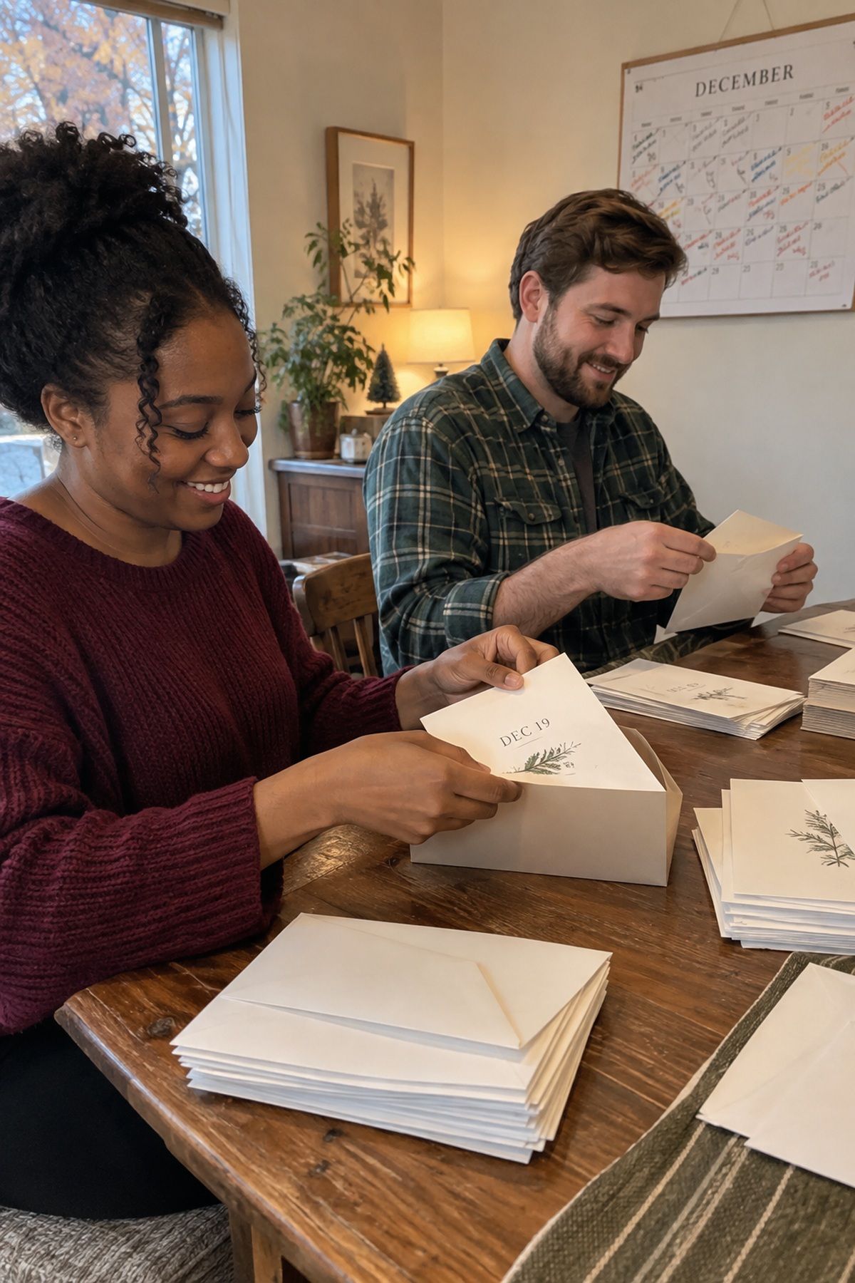 Two friends mail December wedding save-the-dates before holiday calendars fill.