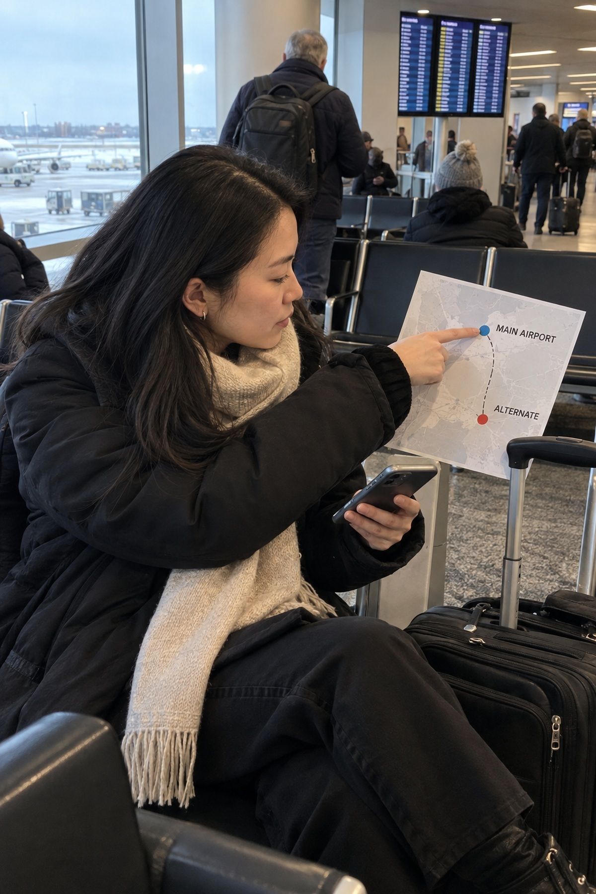 A winter wedding guest compares a main airport with one reasonable alternate at the gate.
