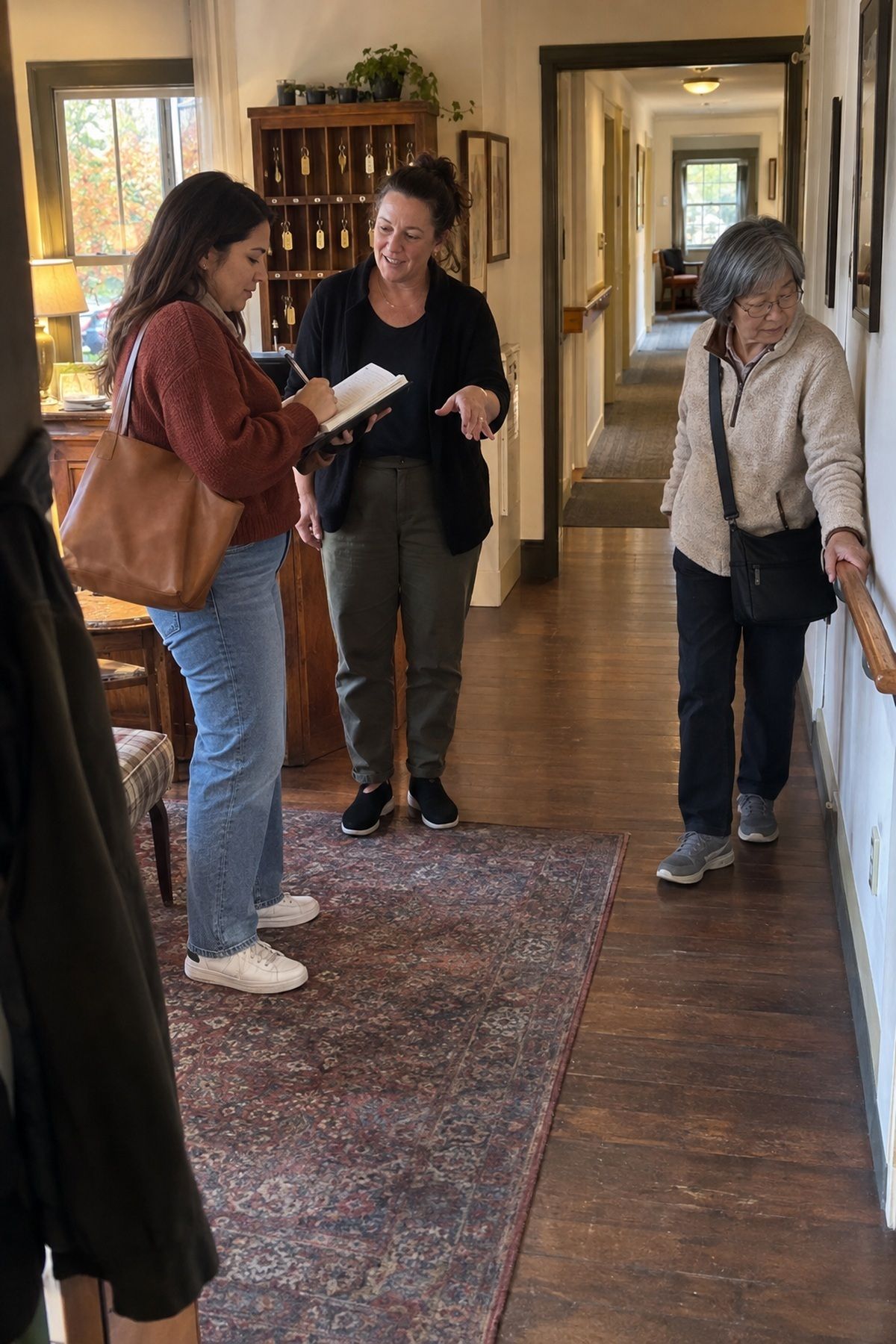 A wedding planner and older relative review flexible lodging with a small inn manager.