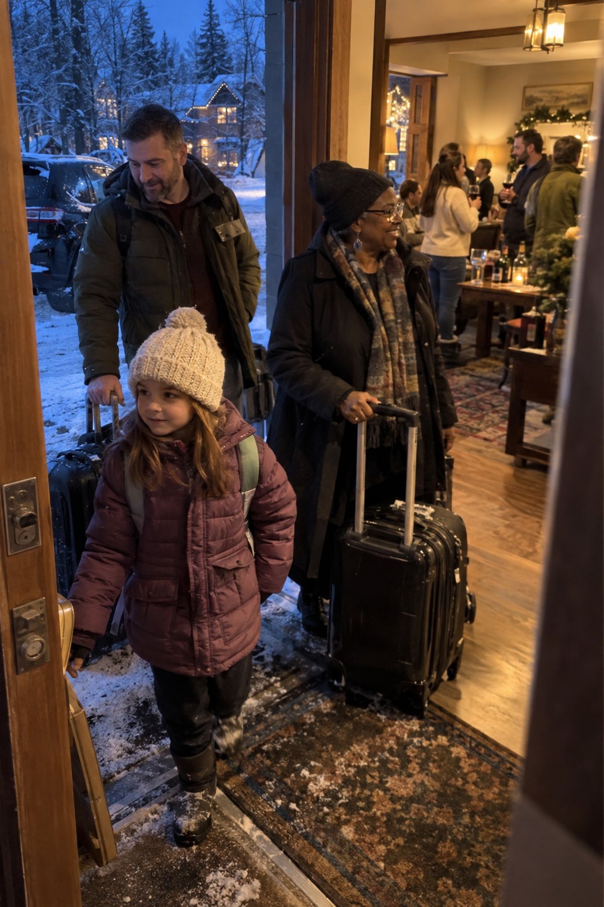 Holiday wedding guests arrive in waves at a snowy inn during a flexible welcome gathering.