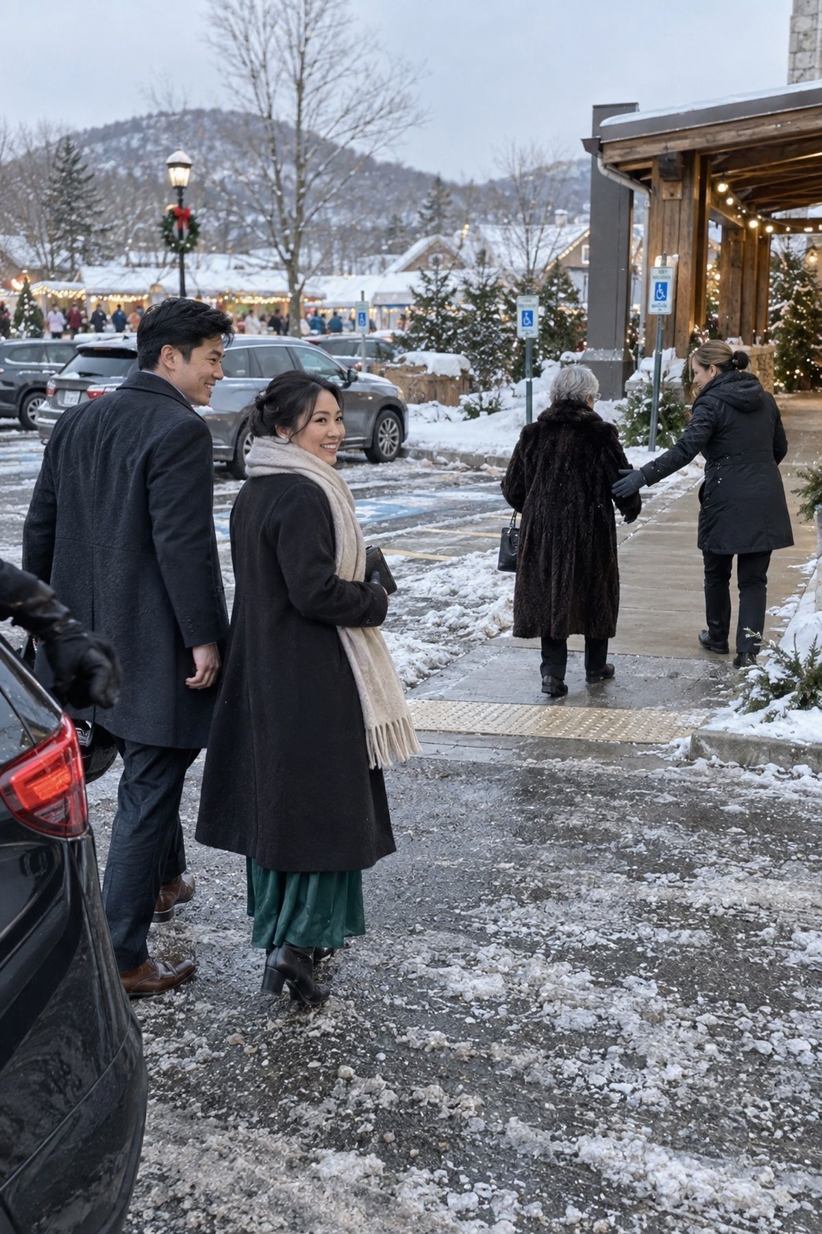 Winter wedding guests cross a slushy shared parking lot toward a covered venue entrance.