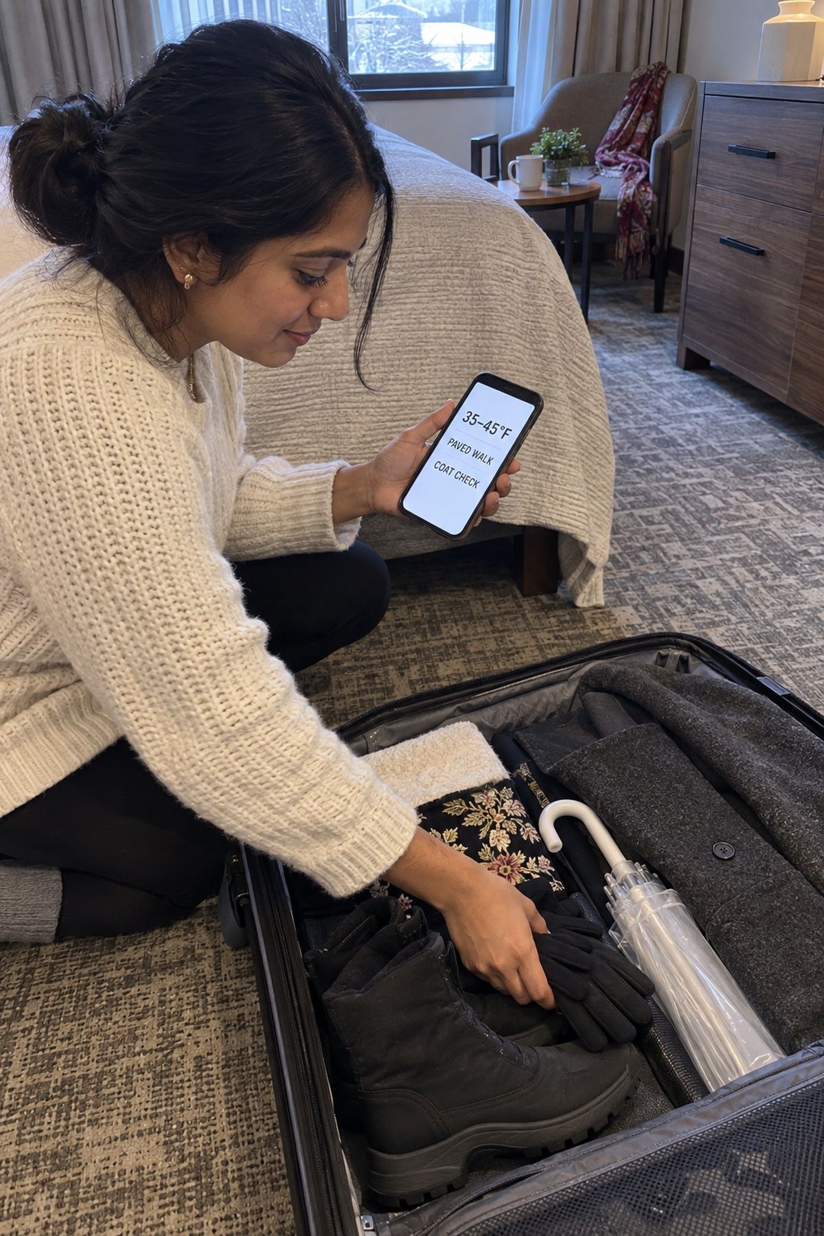 A holiday wedding guest packs boots and warm layers using practical weather and coat-check details.