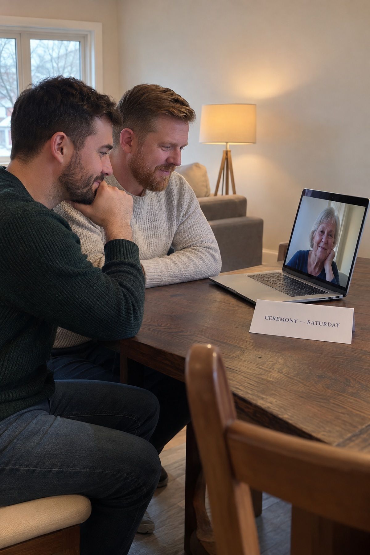 Two grooms explain the essential Saturday ceremony to an older relative by video call.