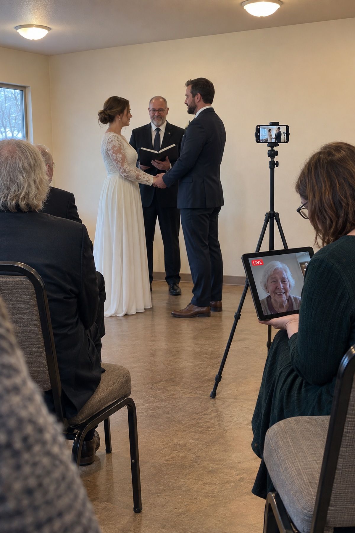 A helper connects an older relative to a small wedding ceremony through a simple private livestream.