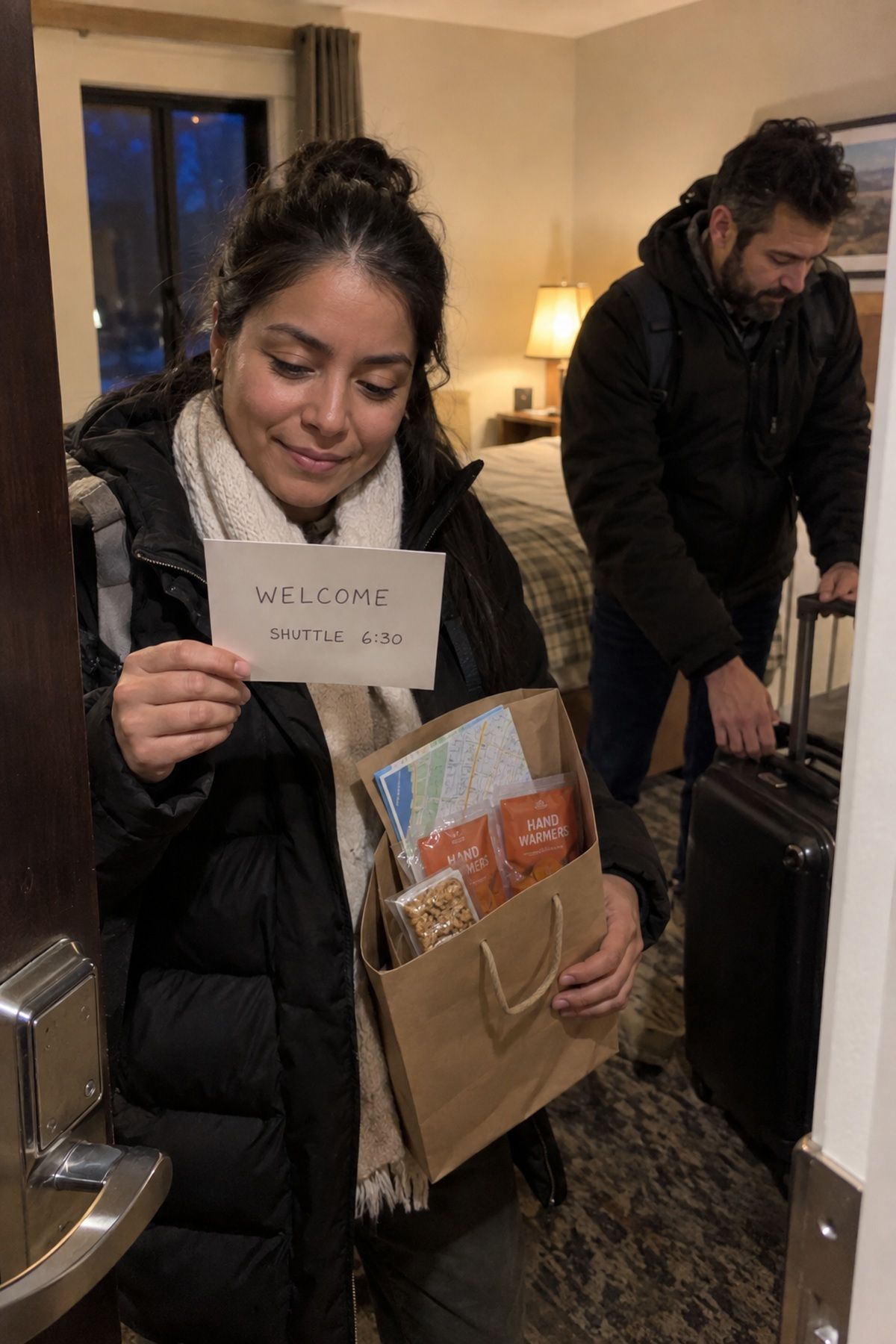 A tired holiday wedding guest reads a welcome note with the shuttle time after arriving at the inn.
