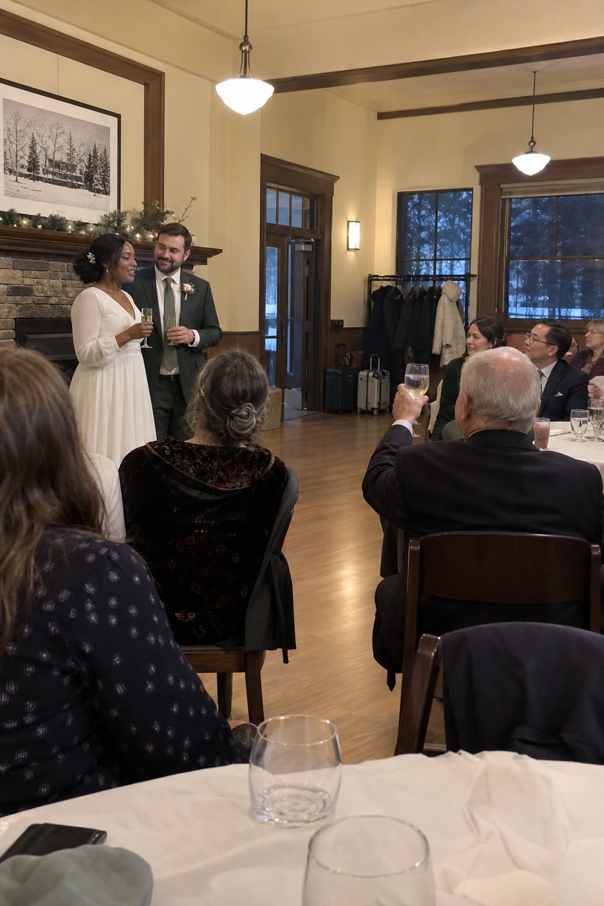 A newlywed couple thanks their small winter wedding guests for making the holiday trip.
