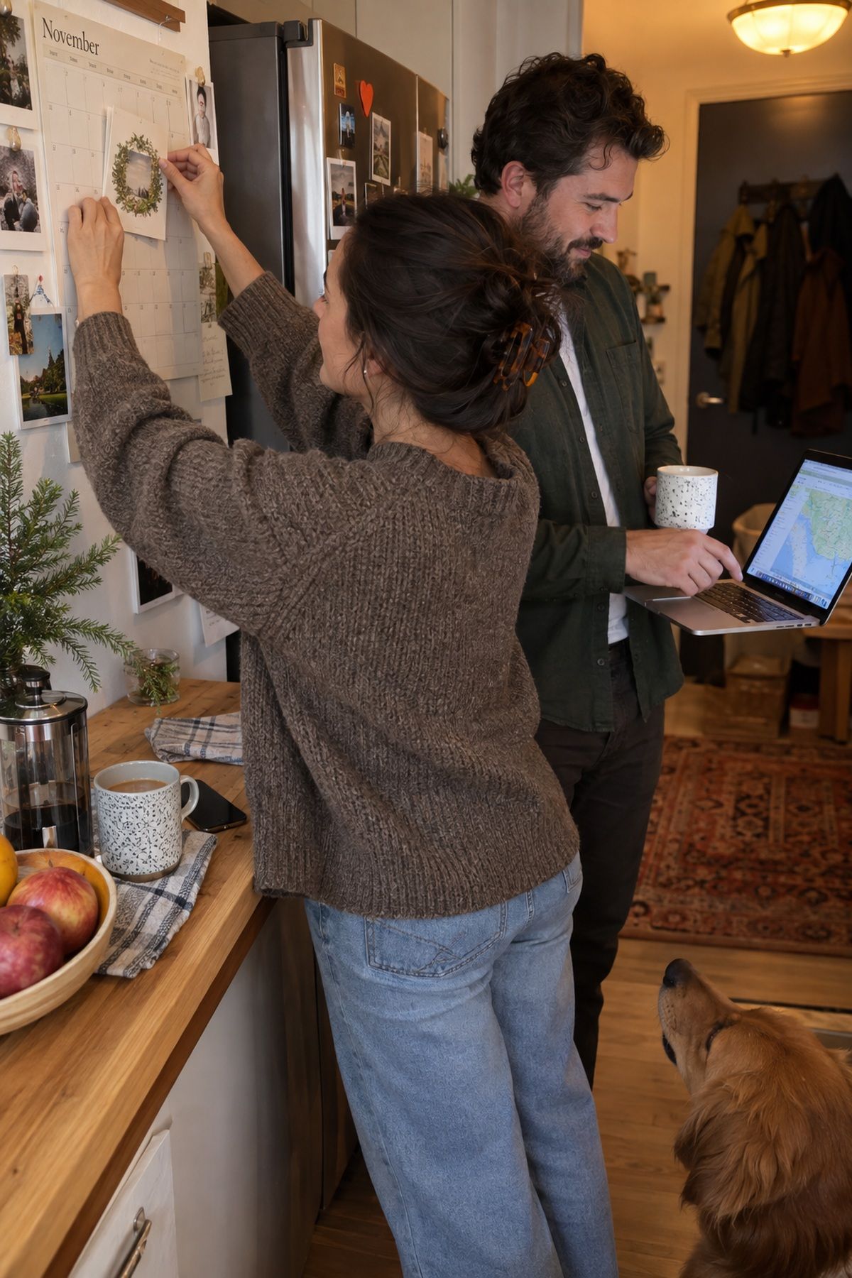 A couple adds an early holiday wedding save-the-date to their family calendar.