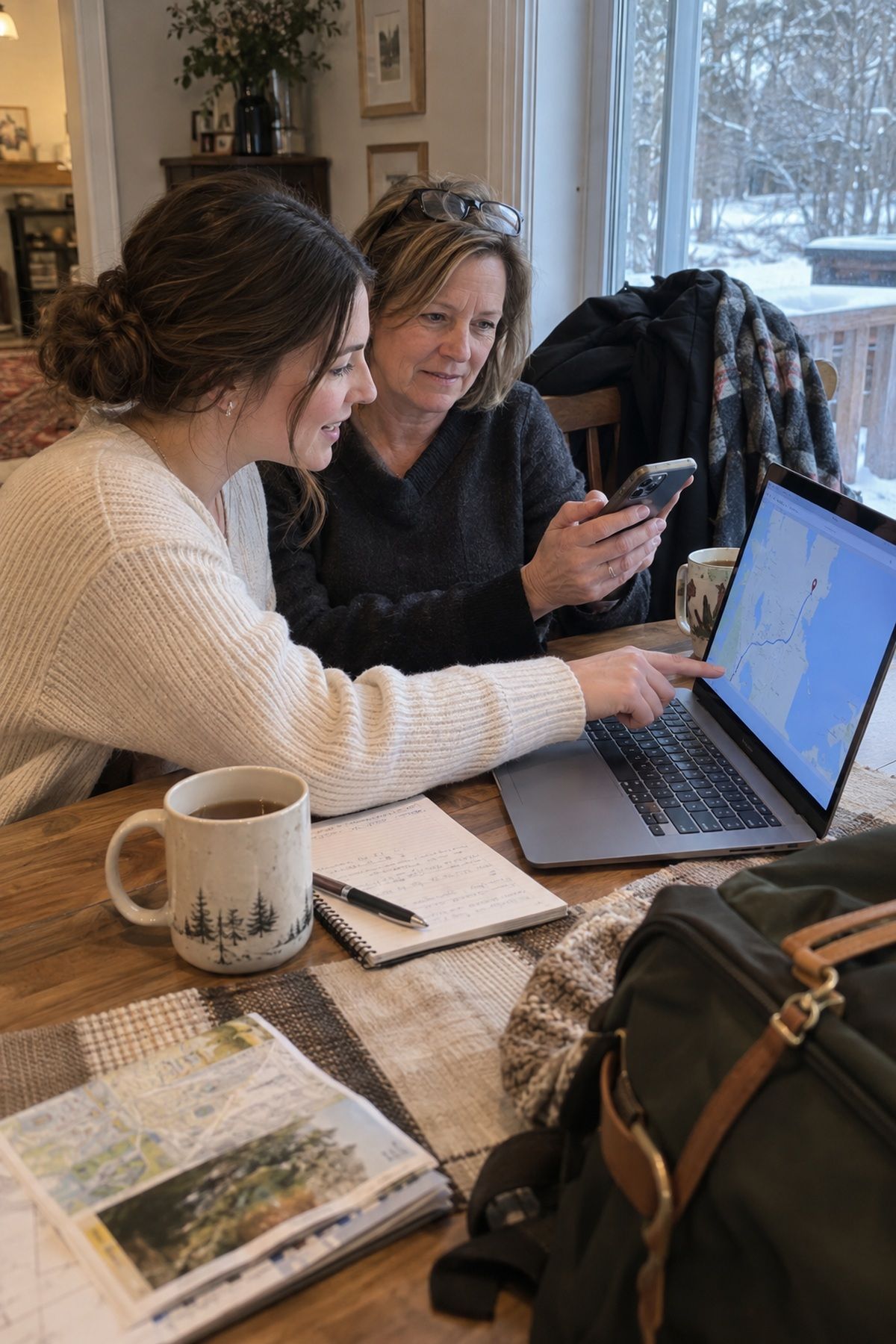 A bride and relative review holiday wedding travel details on a laptop and phone.