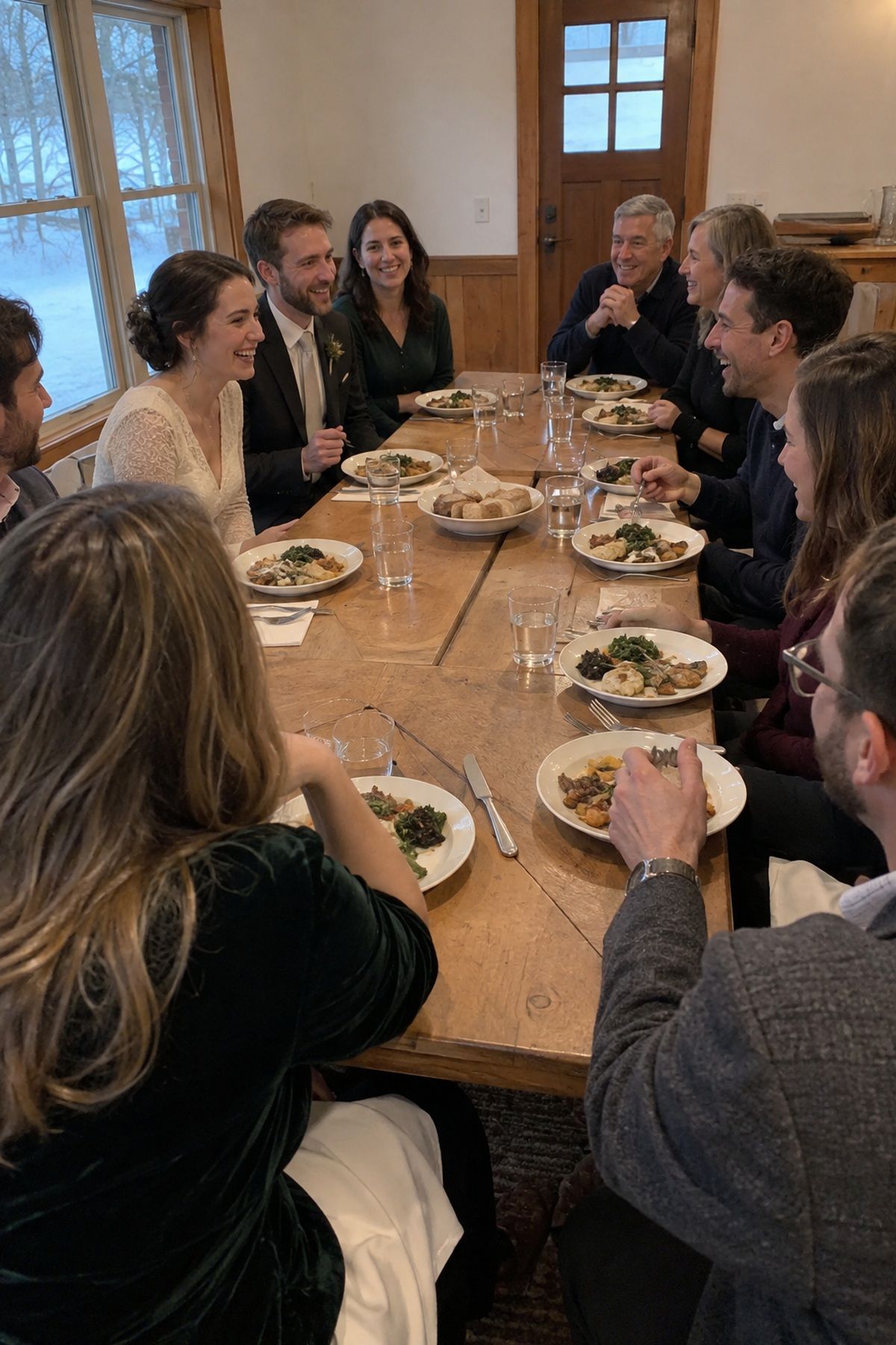 A small holiday wedding guest group shares a close dinner around one table.