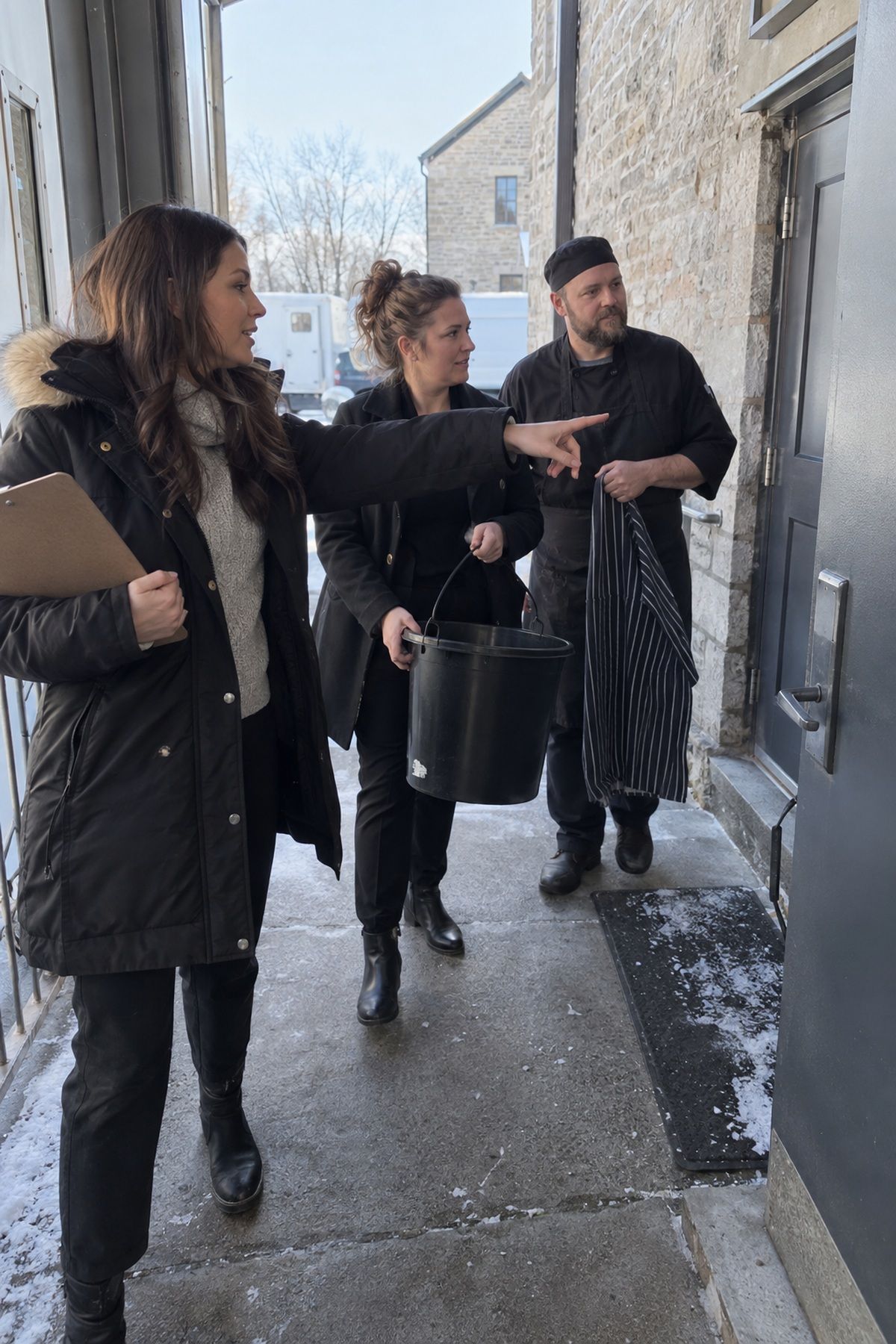 A wedding coordinator checks winter venue access with a florist and caterer.
