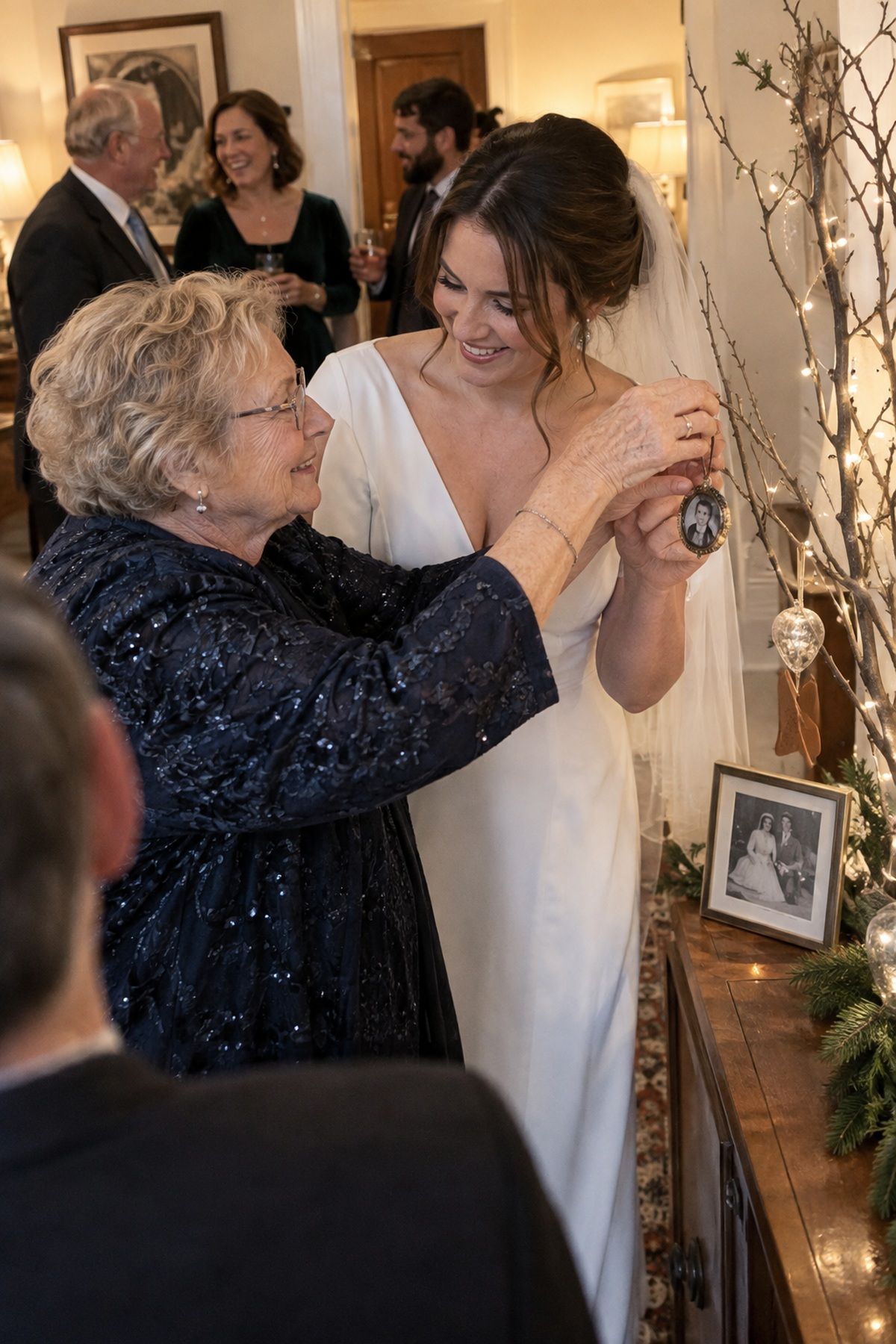 A bride and grandmother add one family heirloom ornament to a holiday wedding display.