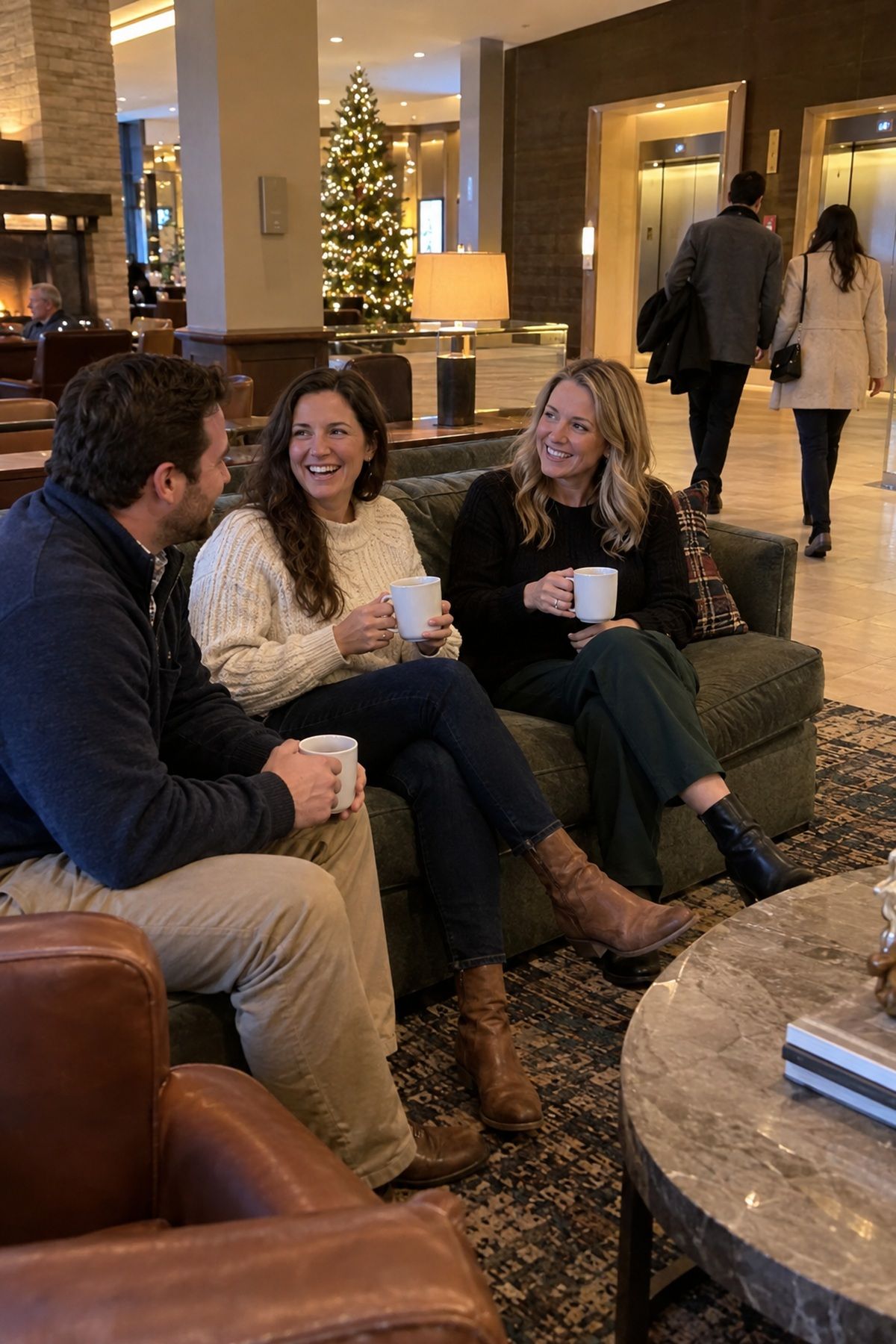 Holiday wedding guests join an optional hotel-lobby cocoa hour while others pass by.