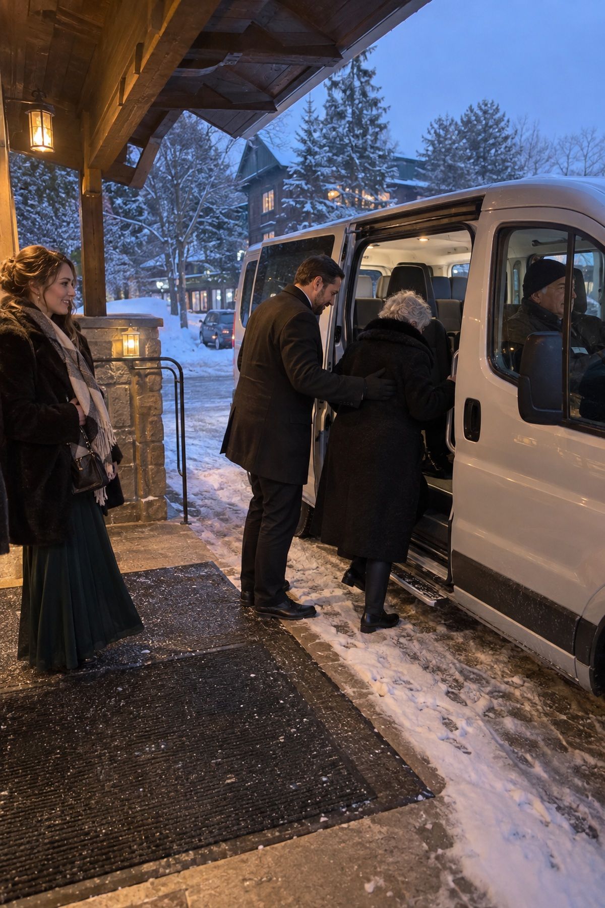 An usher helps an older holiday wedding guest board a shuttle at a snowy inn.