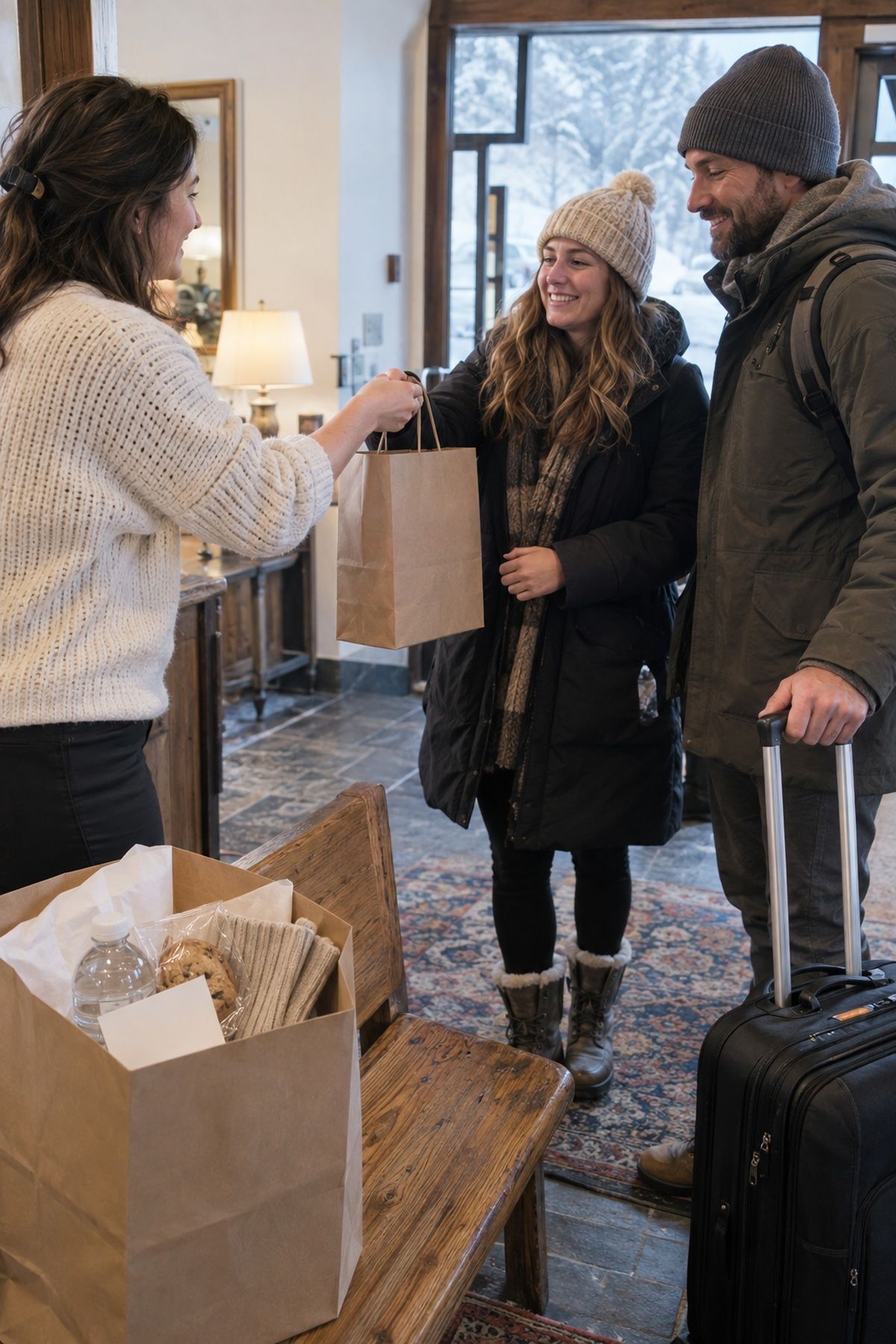 A host gives arriving holiday wedding guests a practical welcome bag.