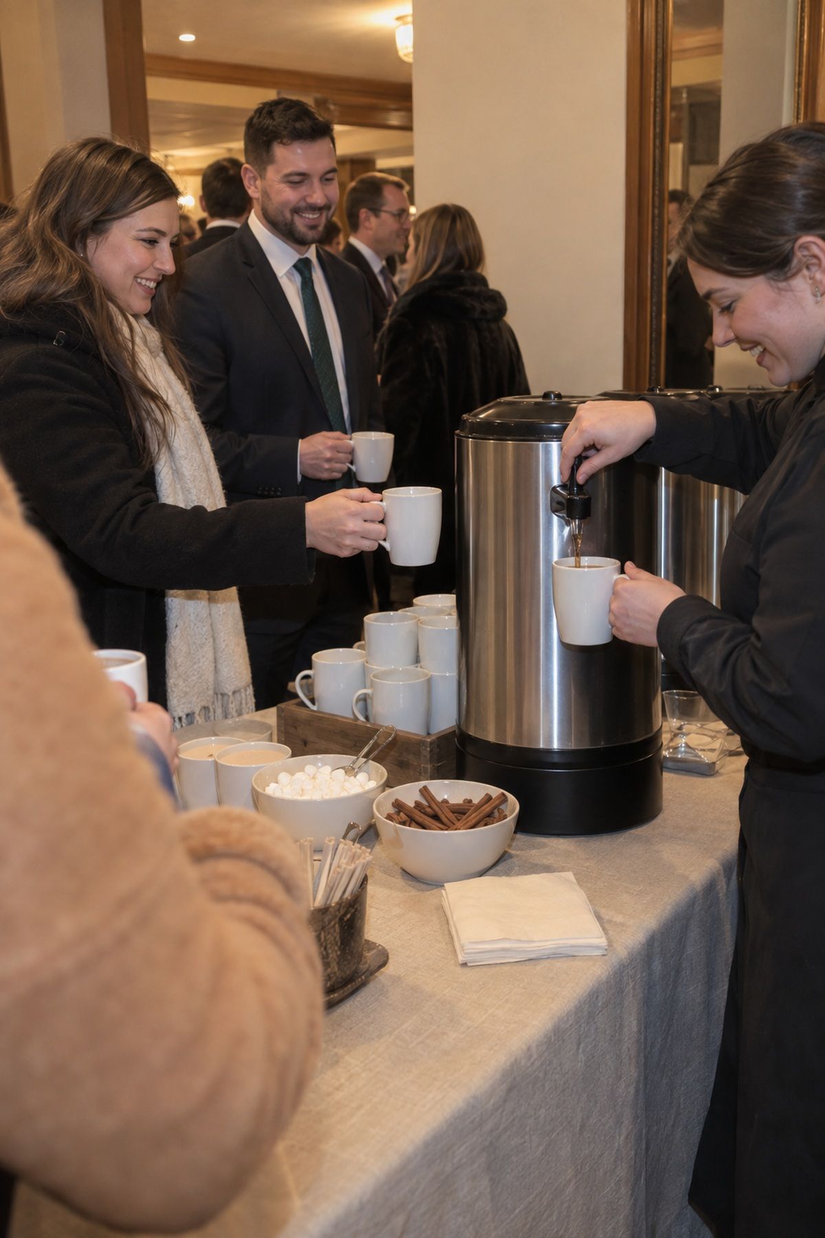 A server pours hot cider for guests at a holiday wedding warm drink station.