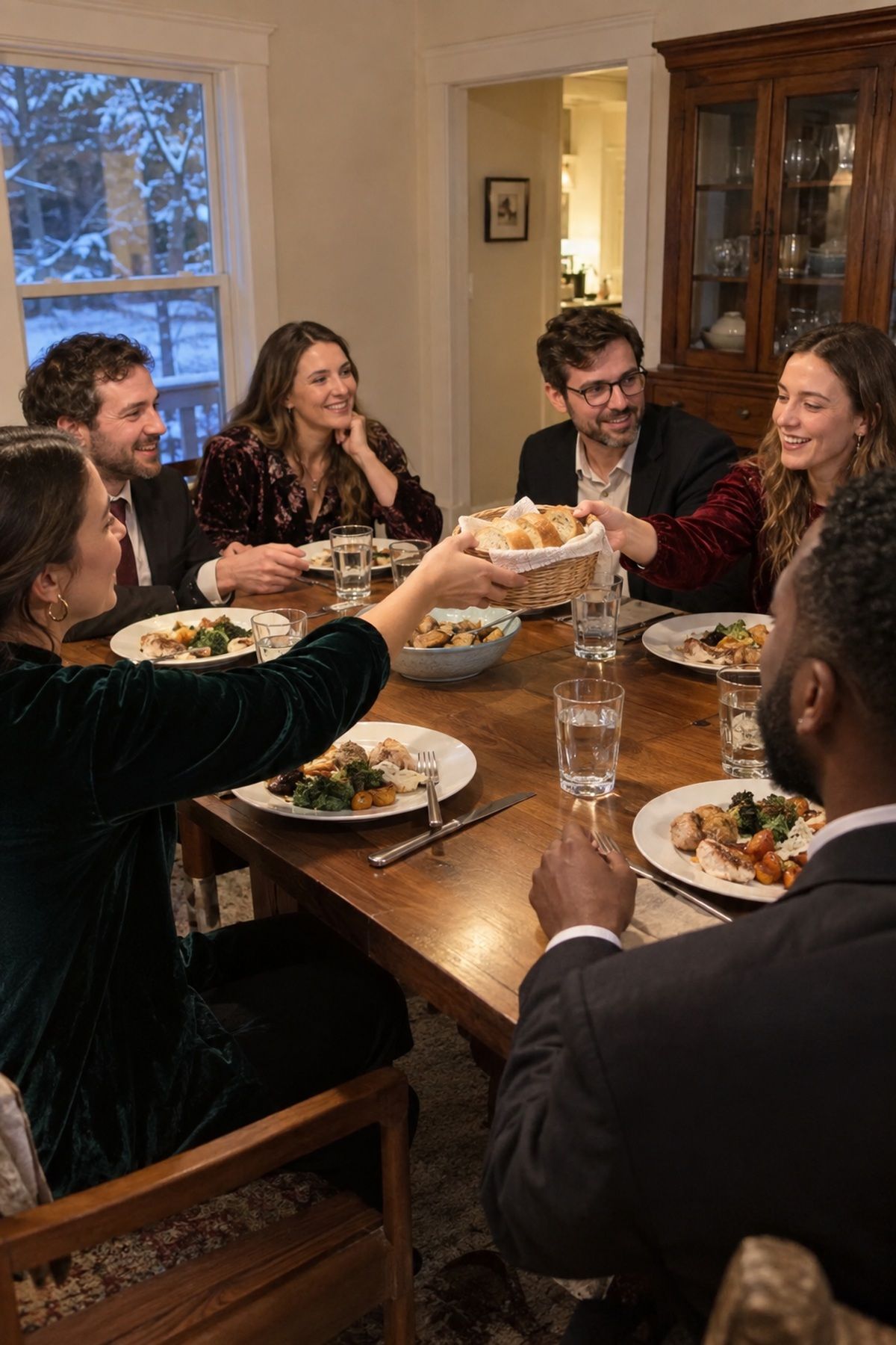 Holiday wedding guests pass bread and talk around a comfortable dinner table.