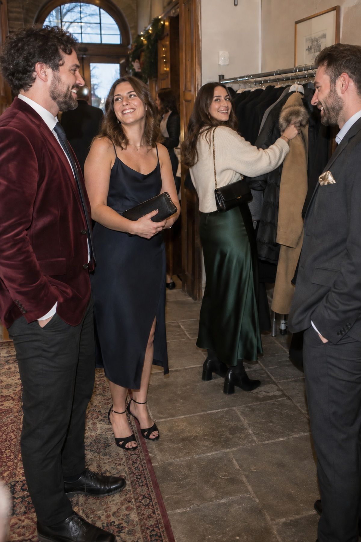 Holiday wedding guests arrive in varied festive and flexible winter outfits.