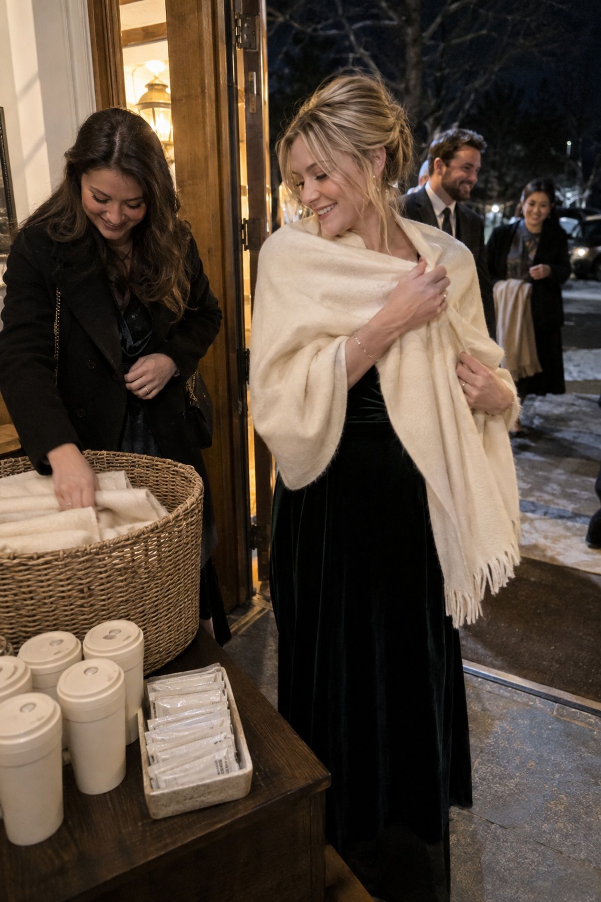A holiday wedding guest uses a warm pashmina favor near the venue exit.