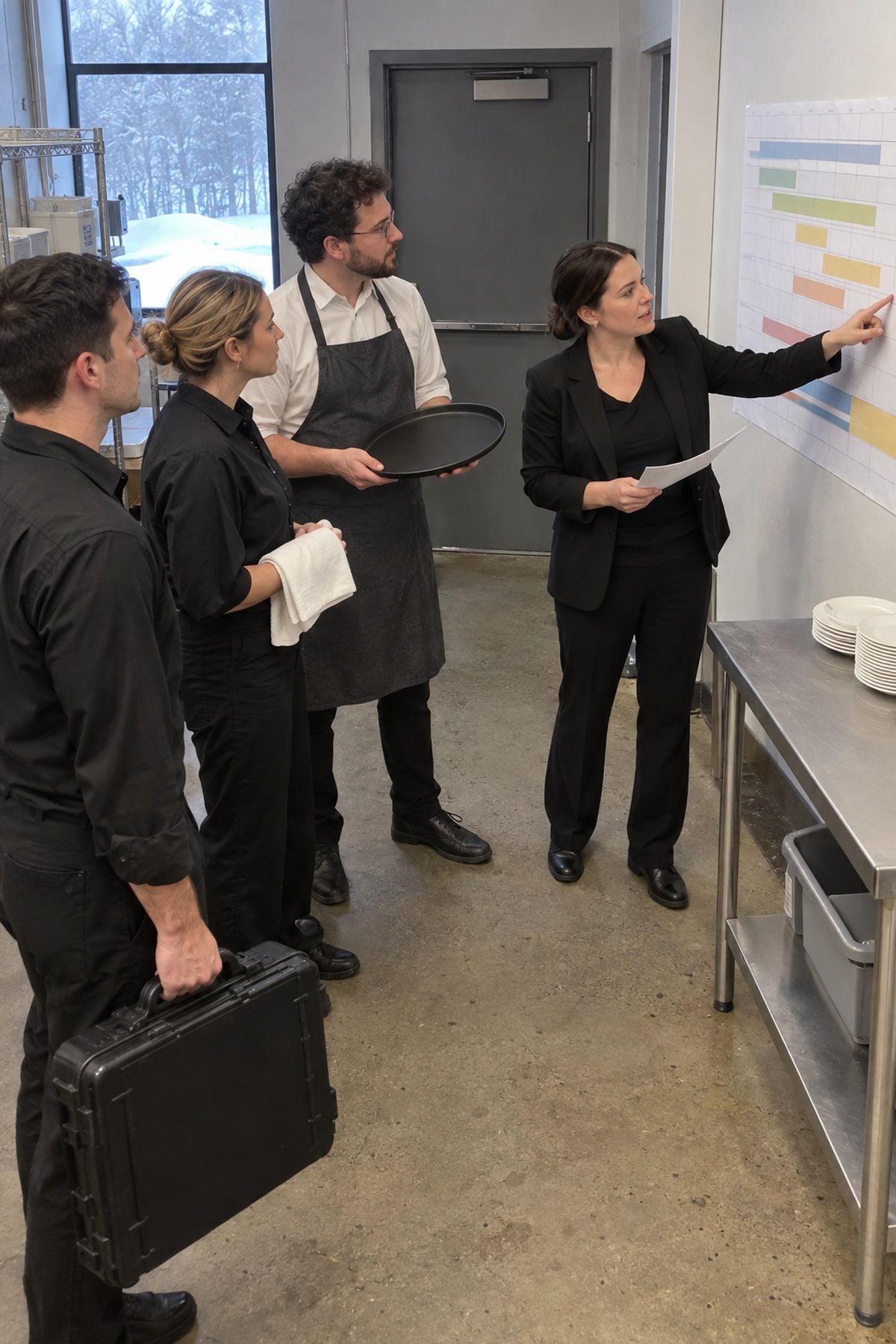 A coordinator reviews a clear holiday wedding timeline with the venue team.