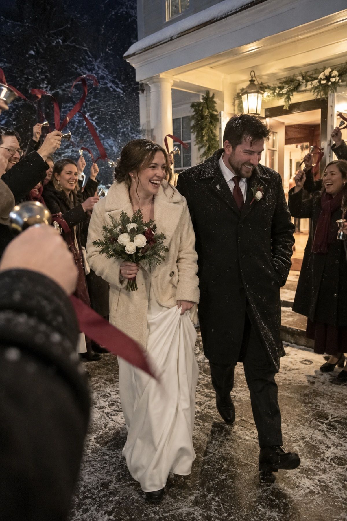 Newlyweds leave a holiday wedding through a simple handbell and ribbon send-off.