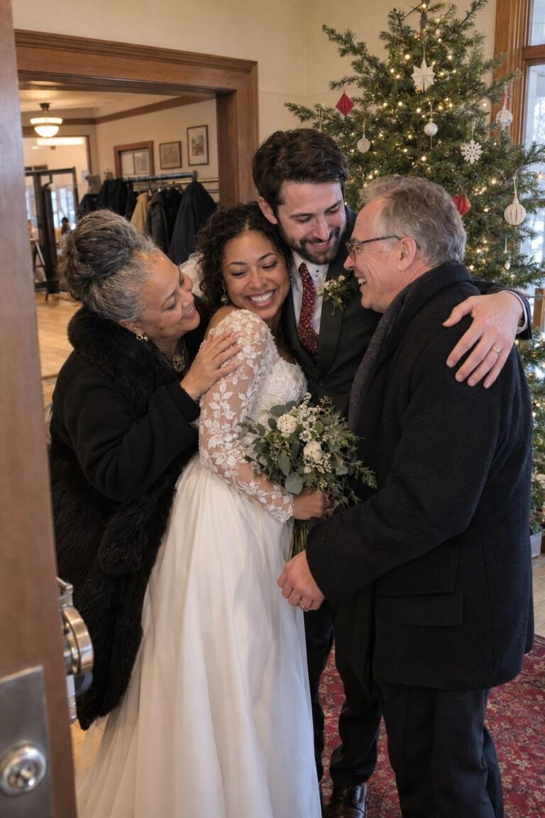 Newlyweds and older relatives share an emotional post-ceremony hug beside simple holiday decorations.