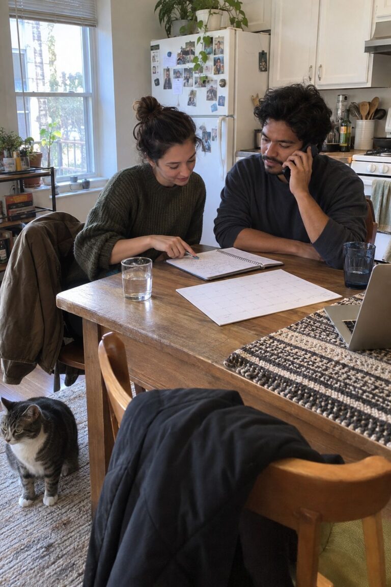 An engaged couple calls a must-have guest while comparing a holiday calendar at home.