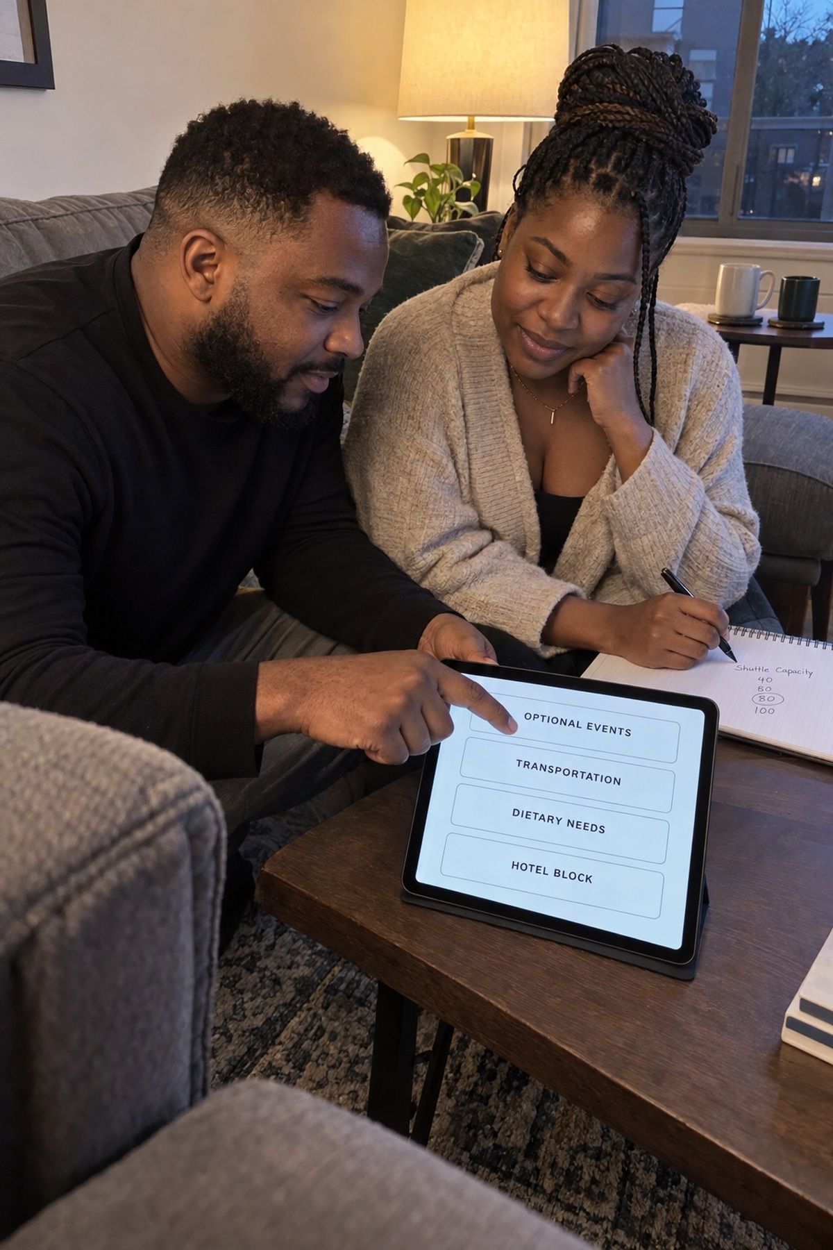 A couple reviews RSVP questions about optional events, transportation, dietary needs, and the hotel block.