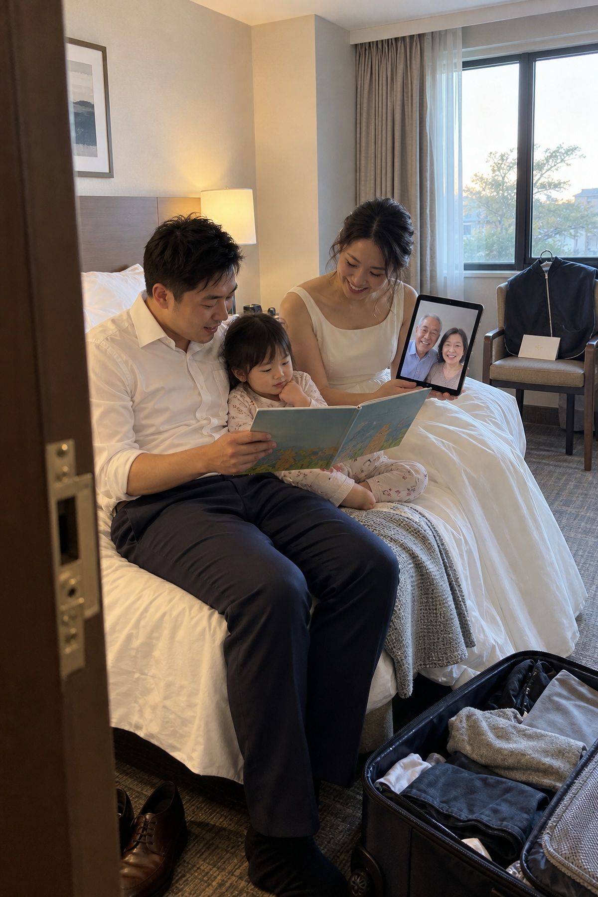 A wedding guest family keeps a holiday story and grandparent video call in their hotel room.