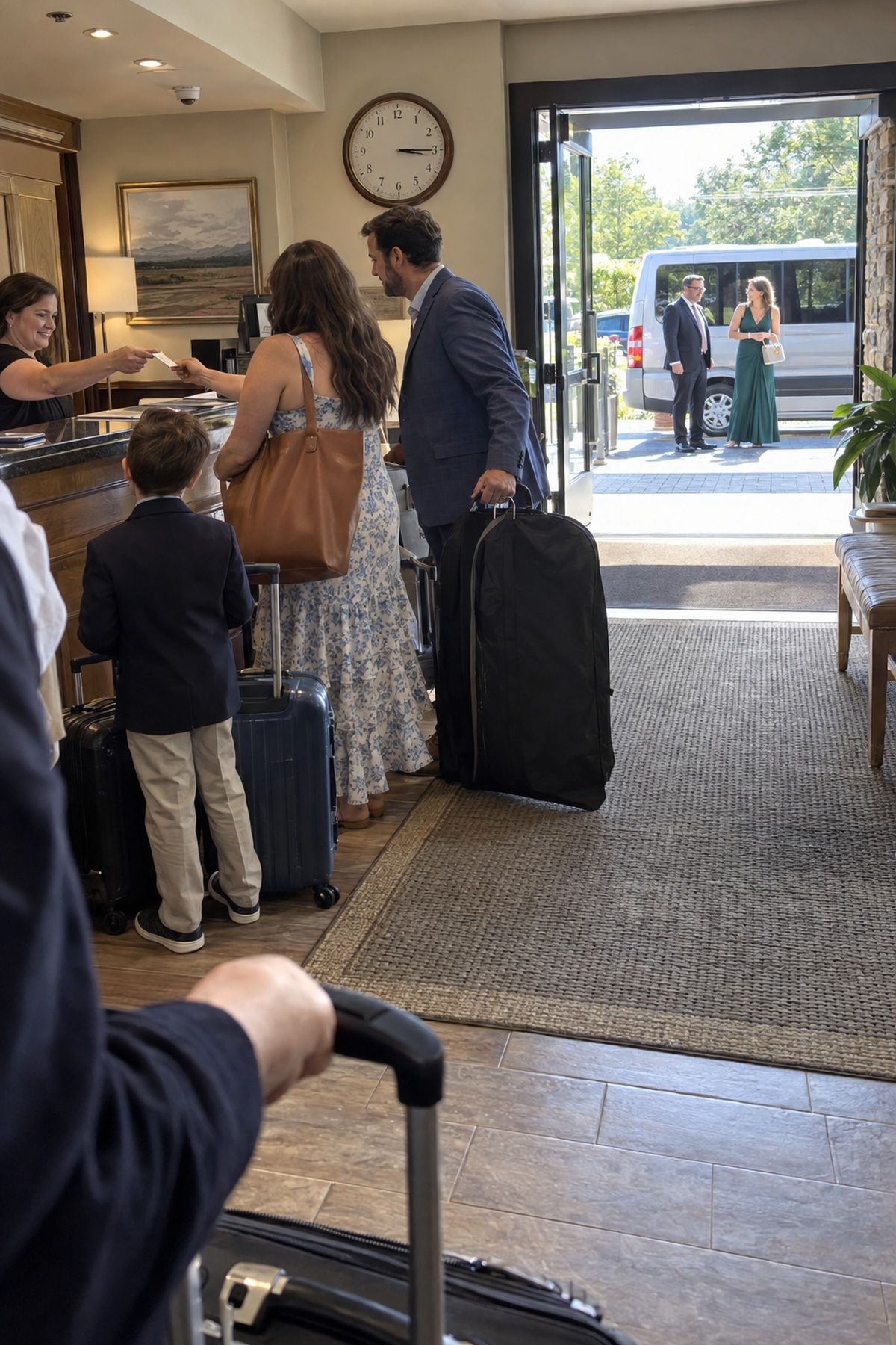 A family checks into the wedding hotel with luggage before the later ceremony shuttle departs.