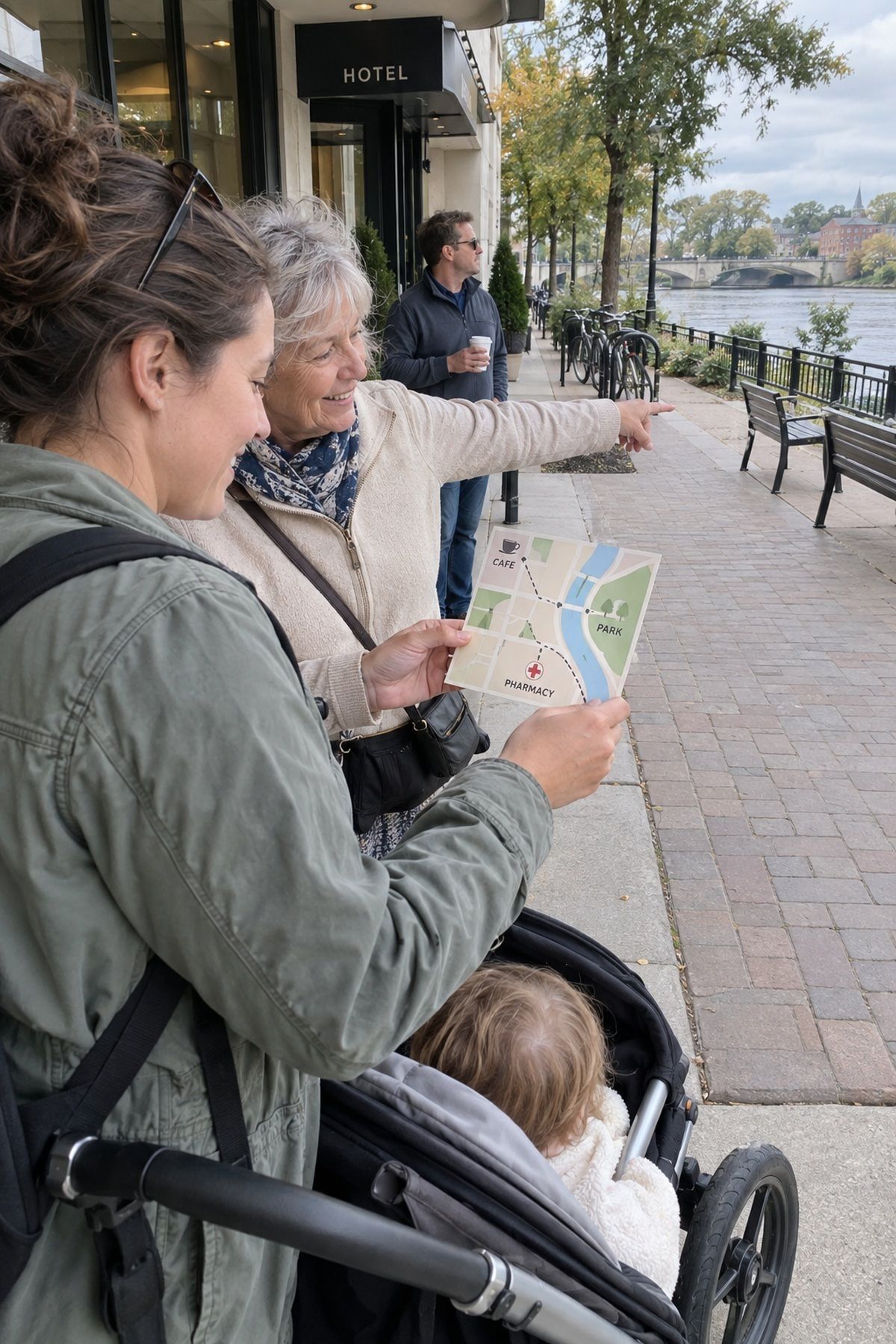 Wedding guests use a simple local map for a stroller-friendly riverside walk near the hotel.