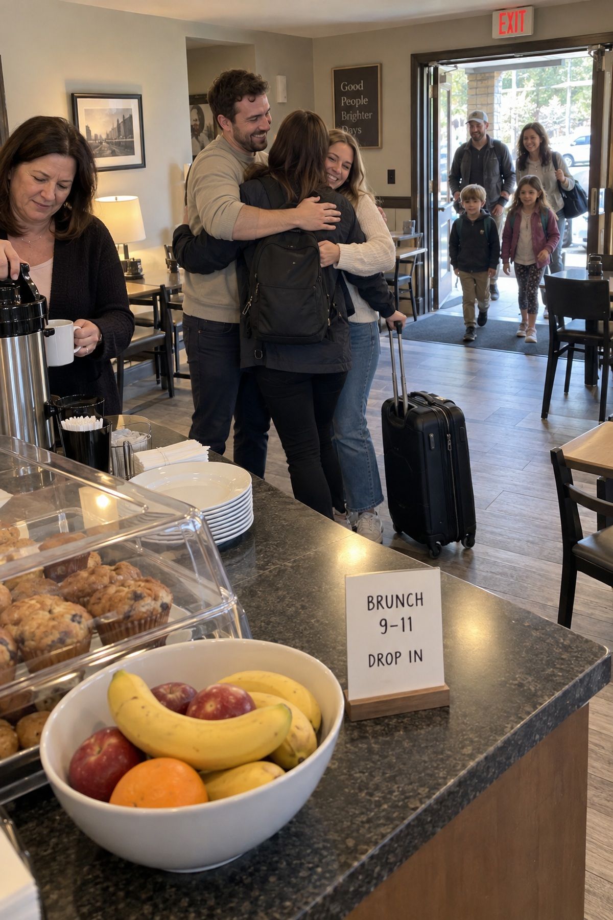 Newlyweds hug a departing guest at a flexible hotel farewell brunch near the exit.