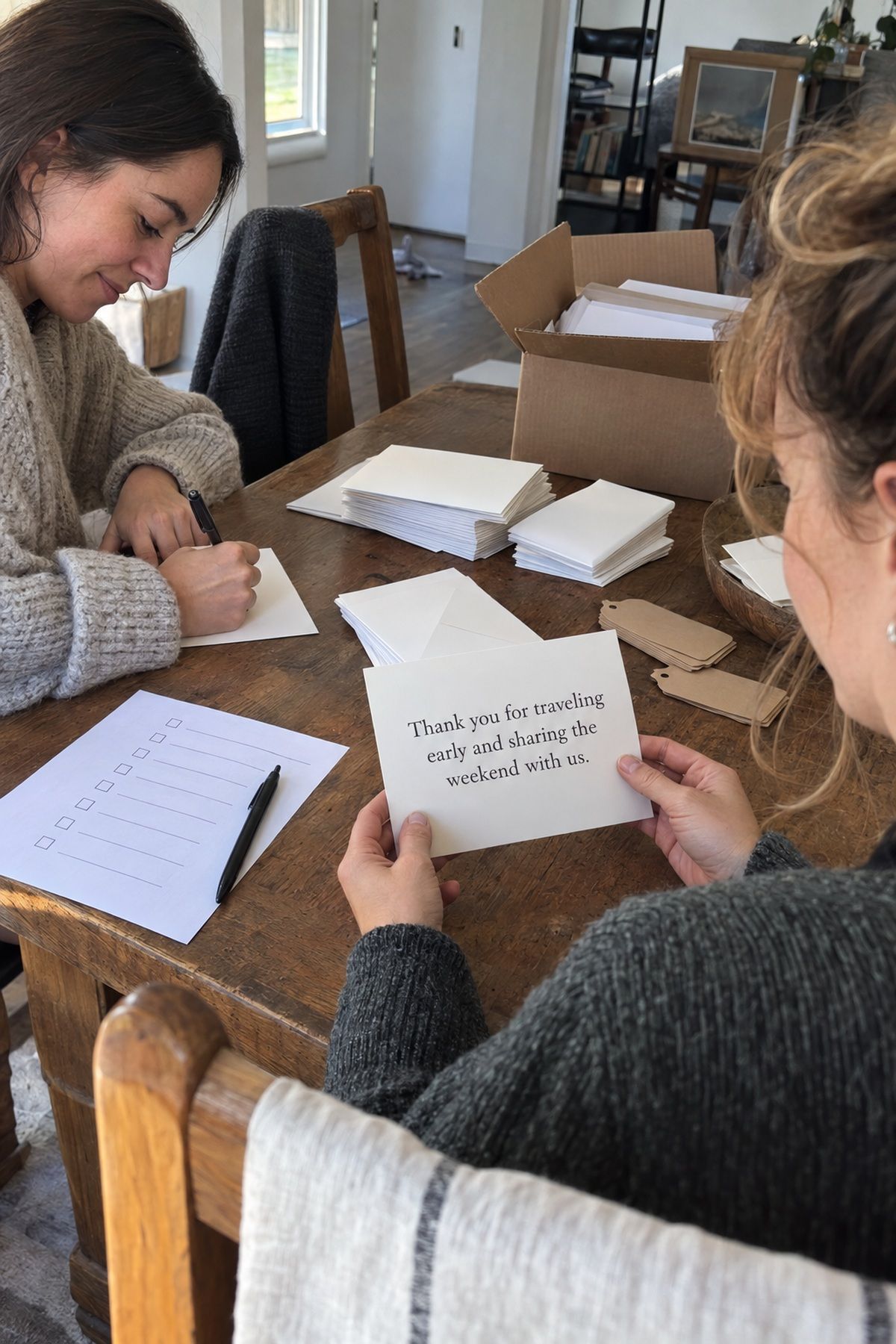 Two newlyweds write specific thank-you cards for guests who traveled early for the holiday wedding.