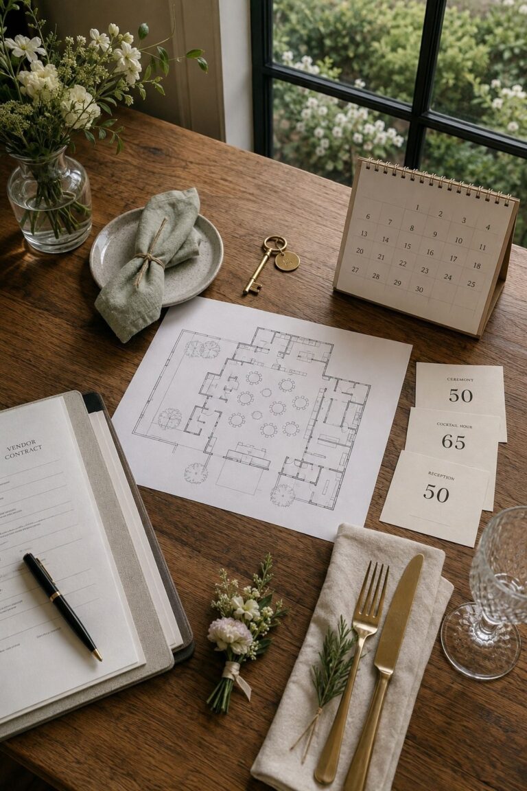 Wedding venue floor plan, guest count, calendar, and vendor contract showing booking dependencies