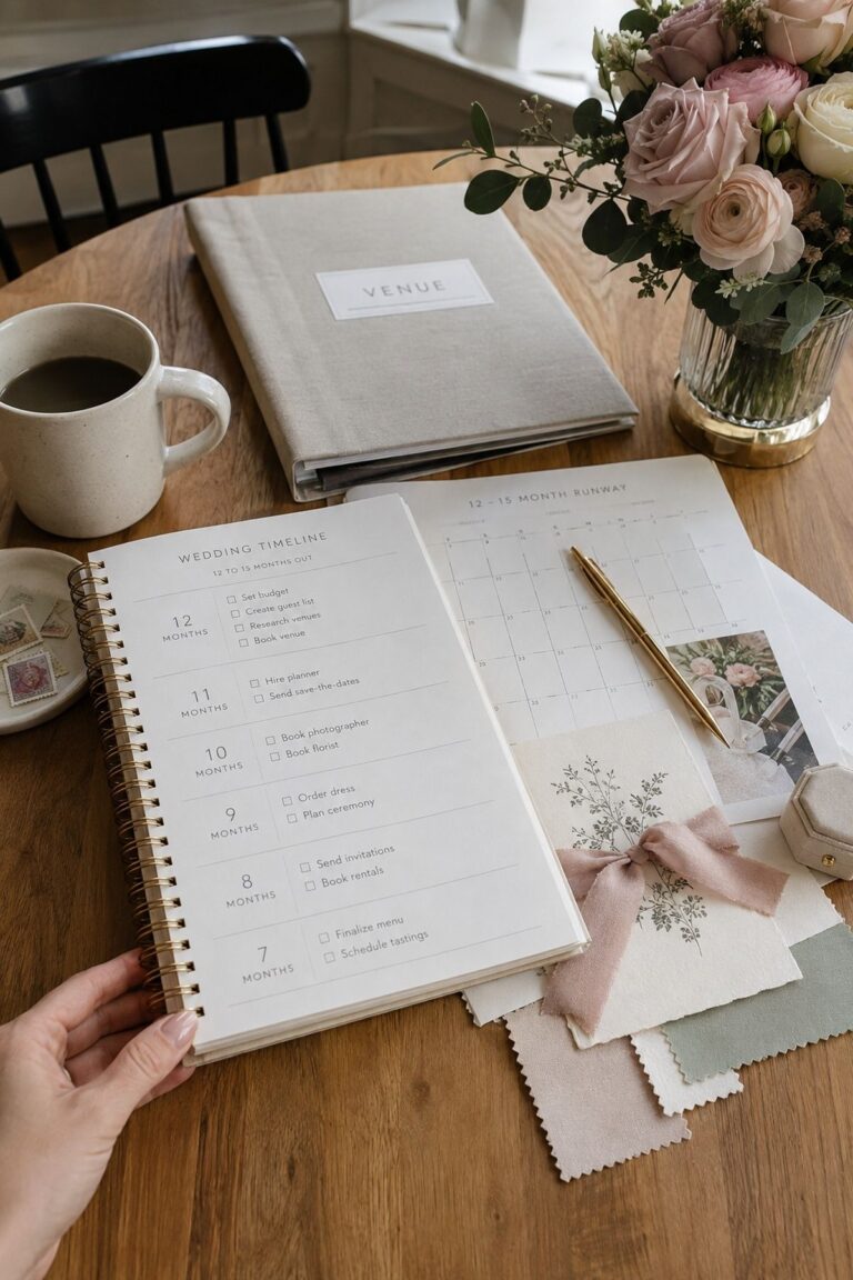 The Comfortable Timeline For Most Couples for a Meadow & Aisle wedding planning timeline guide
