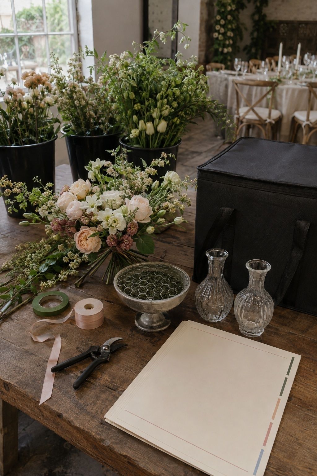 Wedding florist worktable with fresh stems, bouquet, floral mechanics, rental vases, transport case, and quote folder