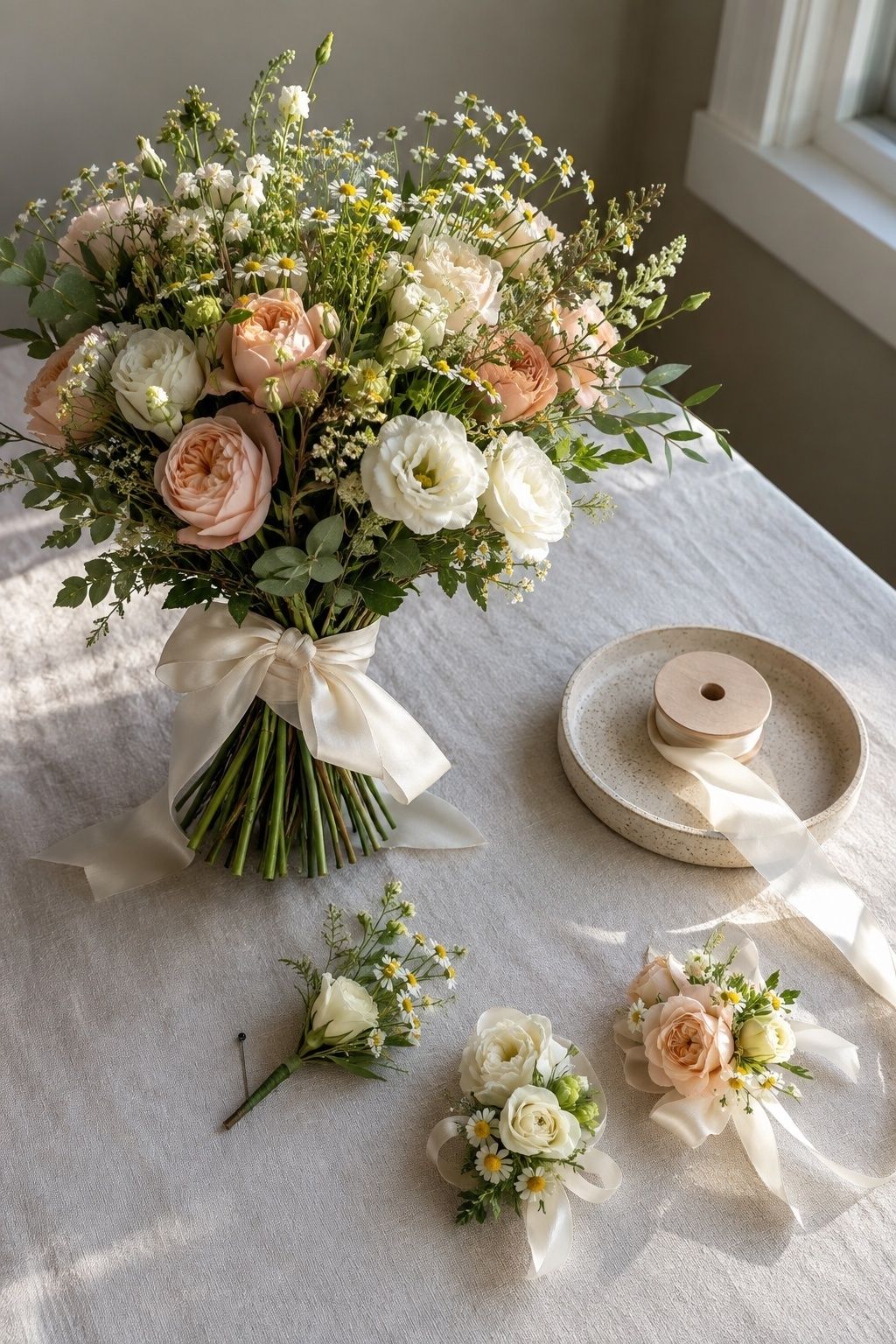 Seasonal bridal bouquet with one boutonniere and two small family corsages on sunlit linen