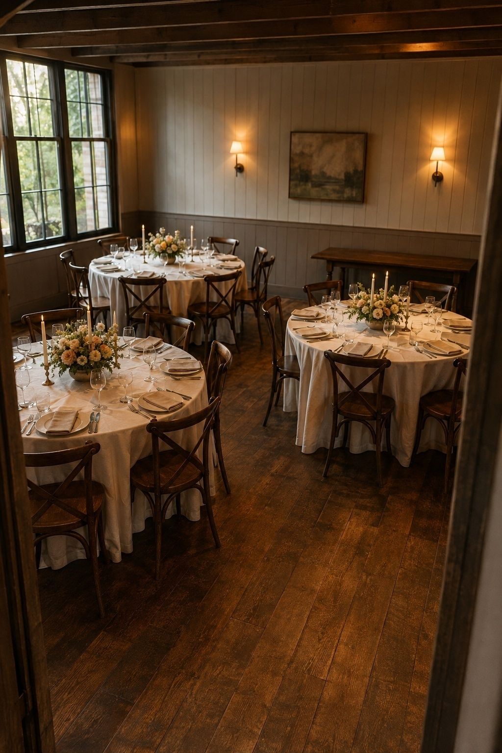 Three intimate wedding guest tables repeating the same low floral centerpiece and taper candle design