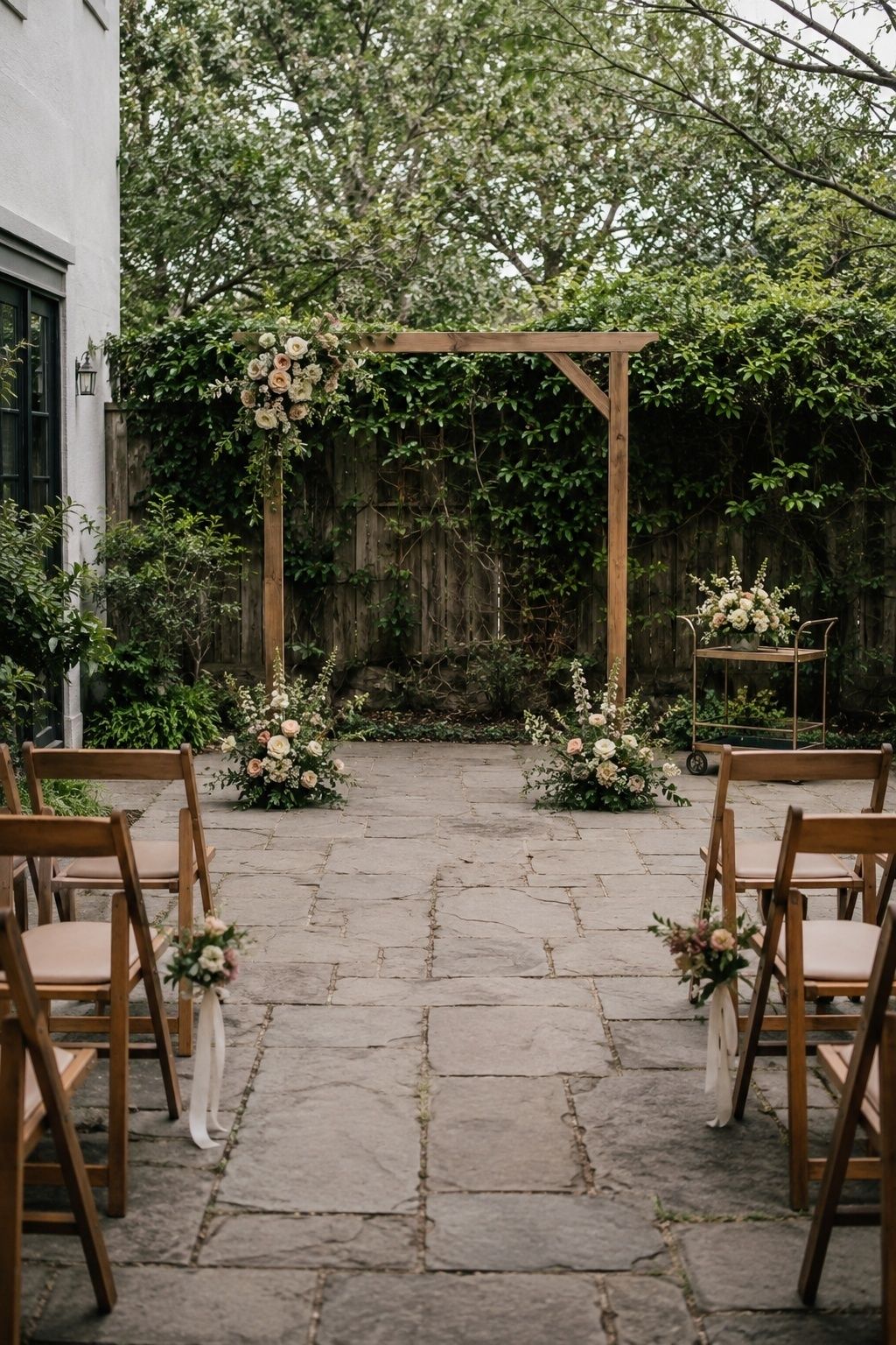 Small garden wedding ceremony with a modest arch arrangement, two ground florals, and a flower trolley for repurposing