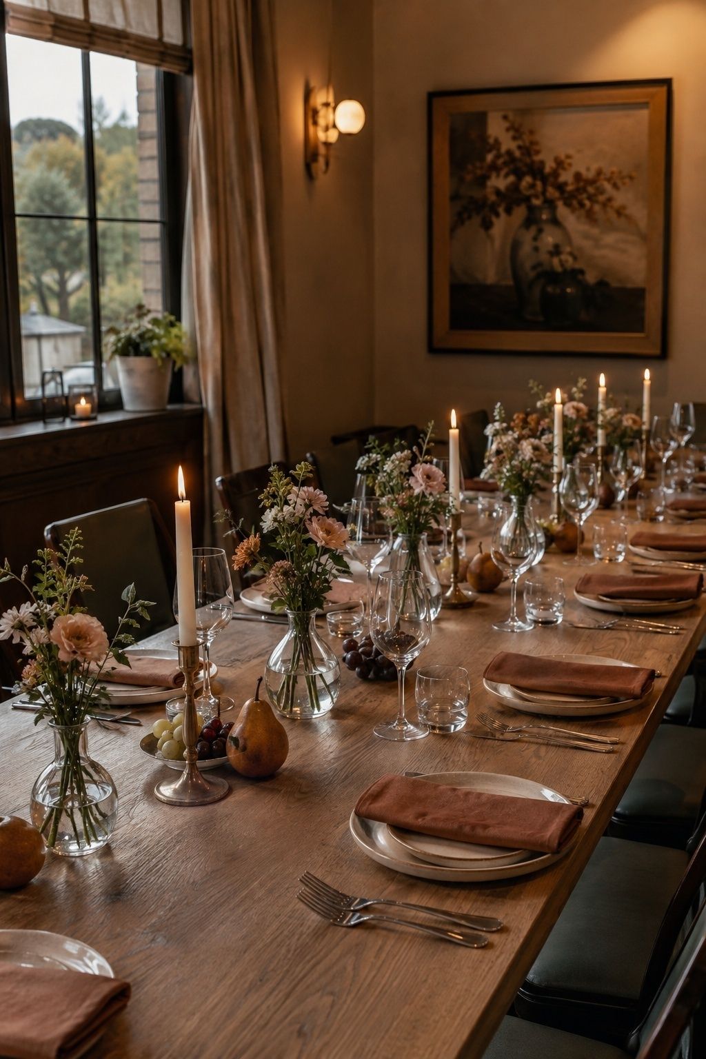 Long intimate wedding table styled with repeated bud vases, taper candles, fruit, linen, and modest greenery