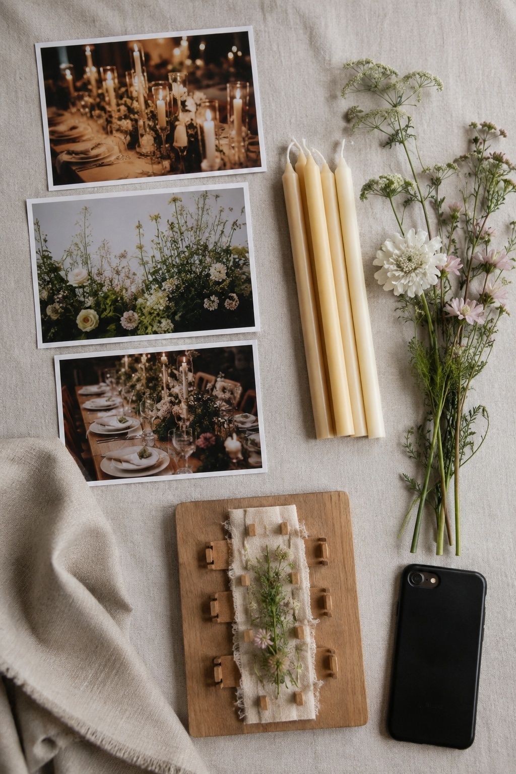Wedding inspiration photos translated into seasonal flowers, candles, linen, and a table model